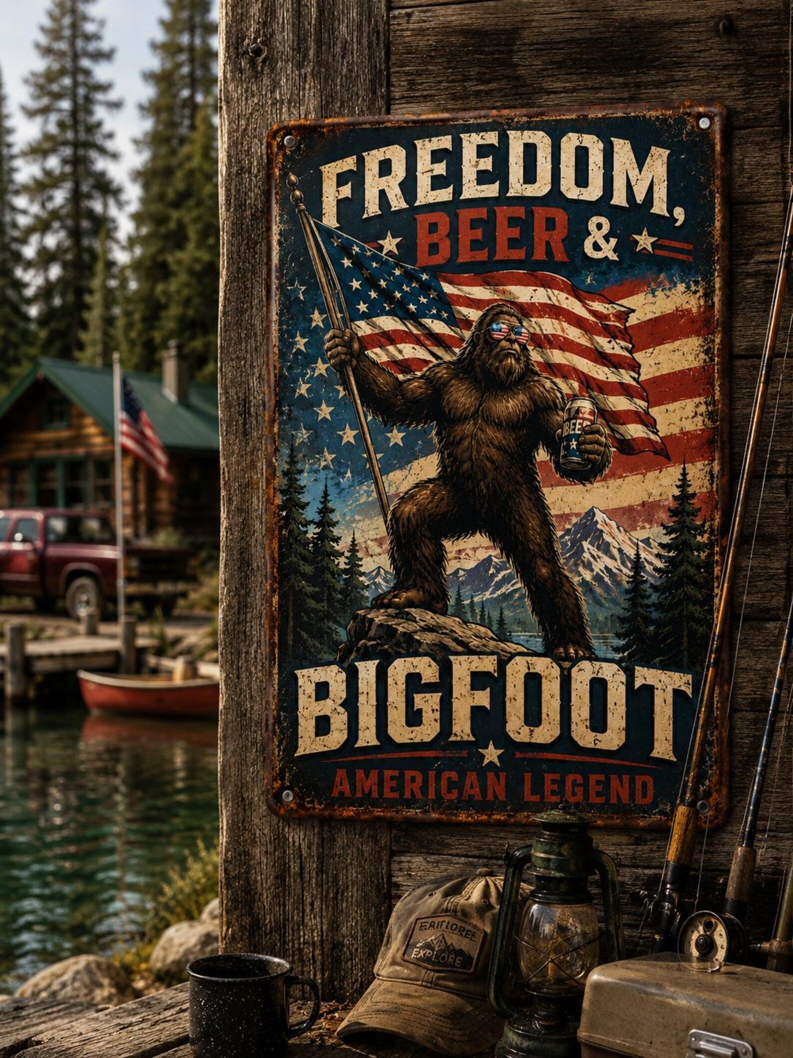 Freedom Beer & Bigfoot Metal Sign, Patriotic Sasquatch Wall Decor, American Legend Tin Sign, Funny Man Cave Bar Decor, Rustic Cabin Wall Art