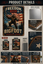 Freedom Beer & Bigfoot Metal Sign, Patriotic Sasquatch Wall Decor, American Legend Tin Sign, Funny Man Cave Bar Decor, Rustic Cabin Wall Art