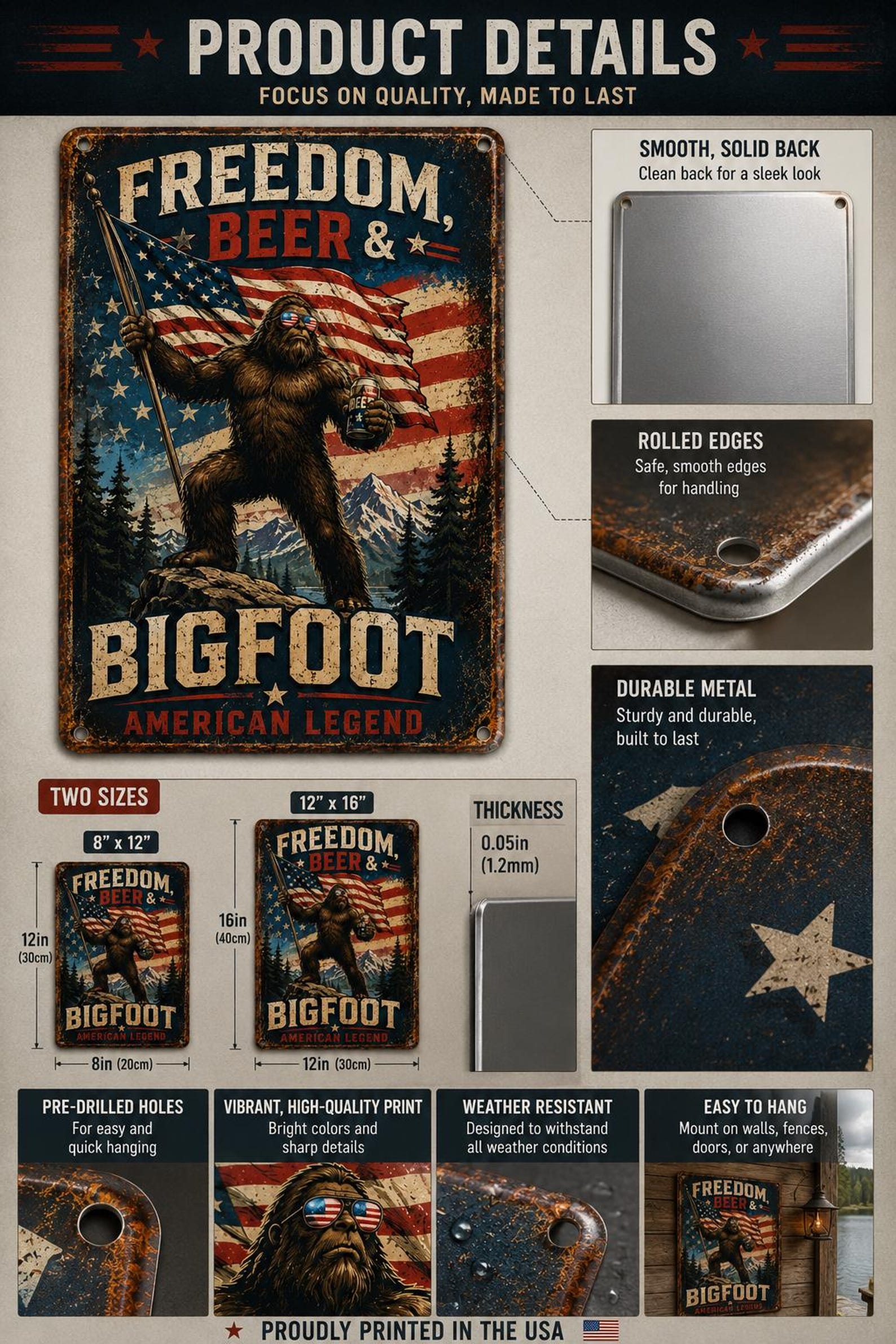 Freedom Beer & Bigfoot Metal Sign, Patriotic Sasquatch Wall Decor, American Legend Tin Sign, Funny Man Cave Bar Decor, Rustic Cabin Wall Art