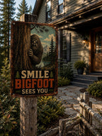 Smile Bigfoot Sees You Metal Sign, Funny Sasquatch Warning Sign, Rustic Cabin Wall Decor, Bigfoot Watching You Tin Sign, Privacy Sign