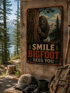 Smile Bigfoot Sees You Metal Sign, Funny Sasquatch Warning Sign, Rustic Cabin Wall Decor, Bigfoot Watching You Tin Sign, Privacy Sign