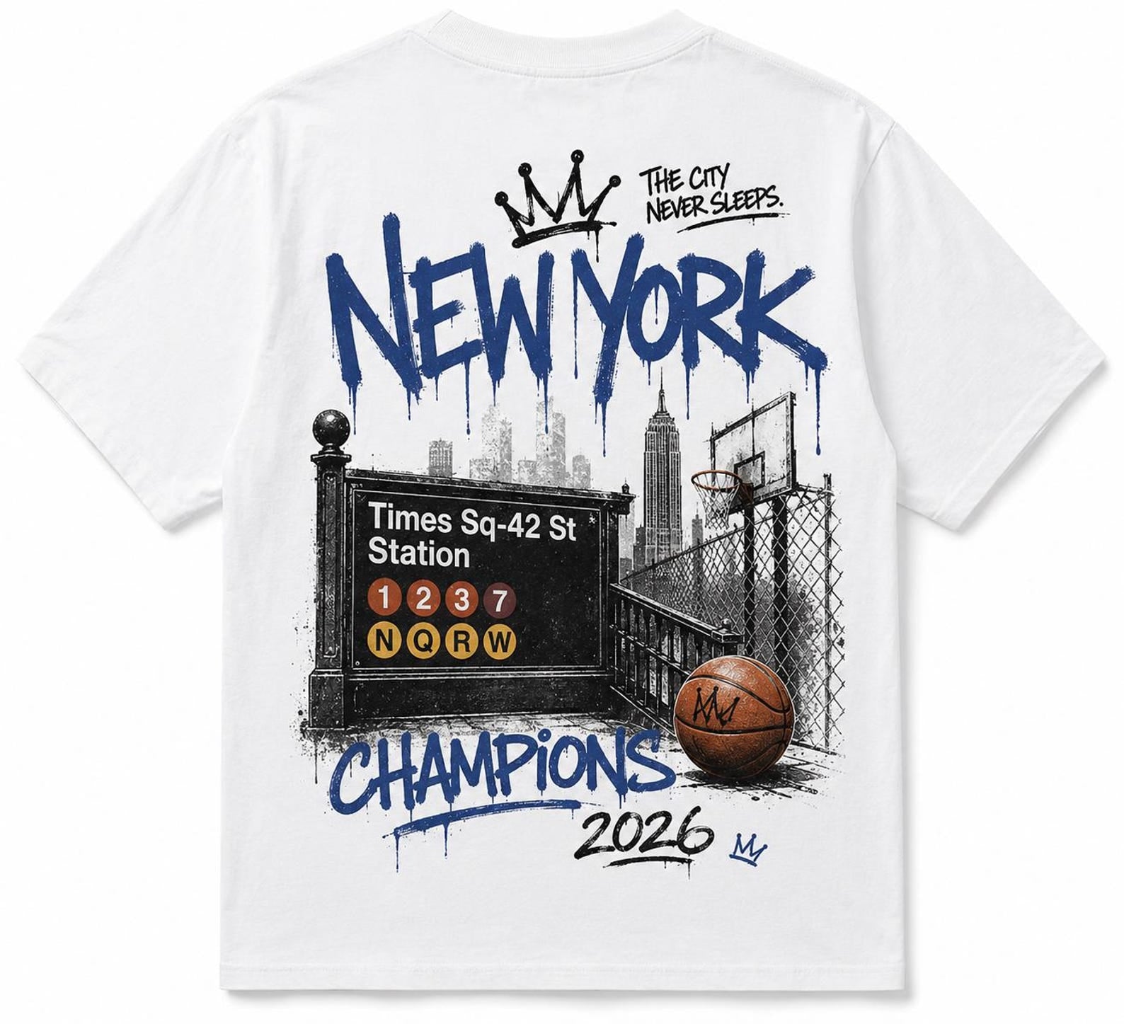 New York Champions 2026 Street Basketball Graffiti T-Shirt | NYC Urban Sports Graphic Tee | Times Square Streetwear Design