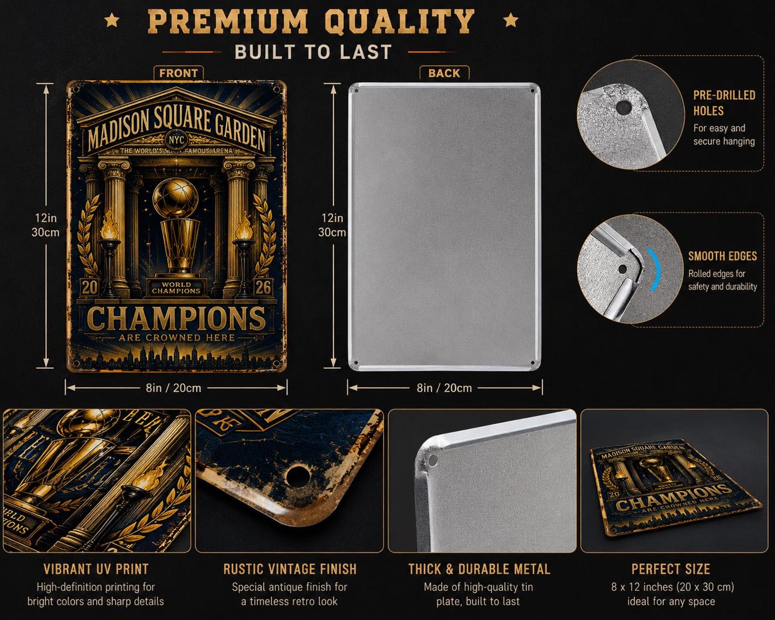 Madison Square Garden World Champions 2026 Vintage Metal Sign | Champions Are Crowned Here NYC Basketball Wall Decor | Retro Sports Tin