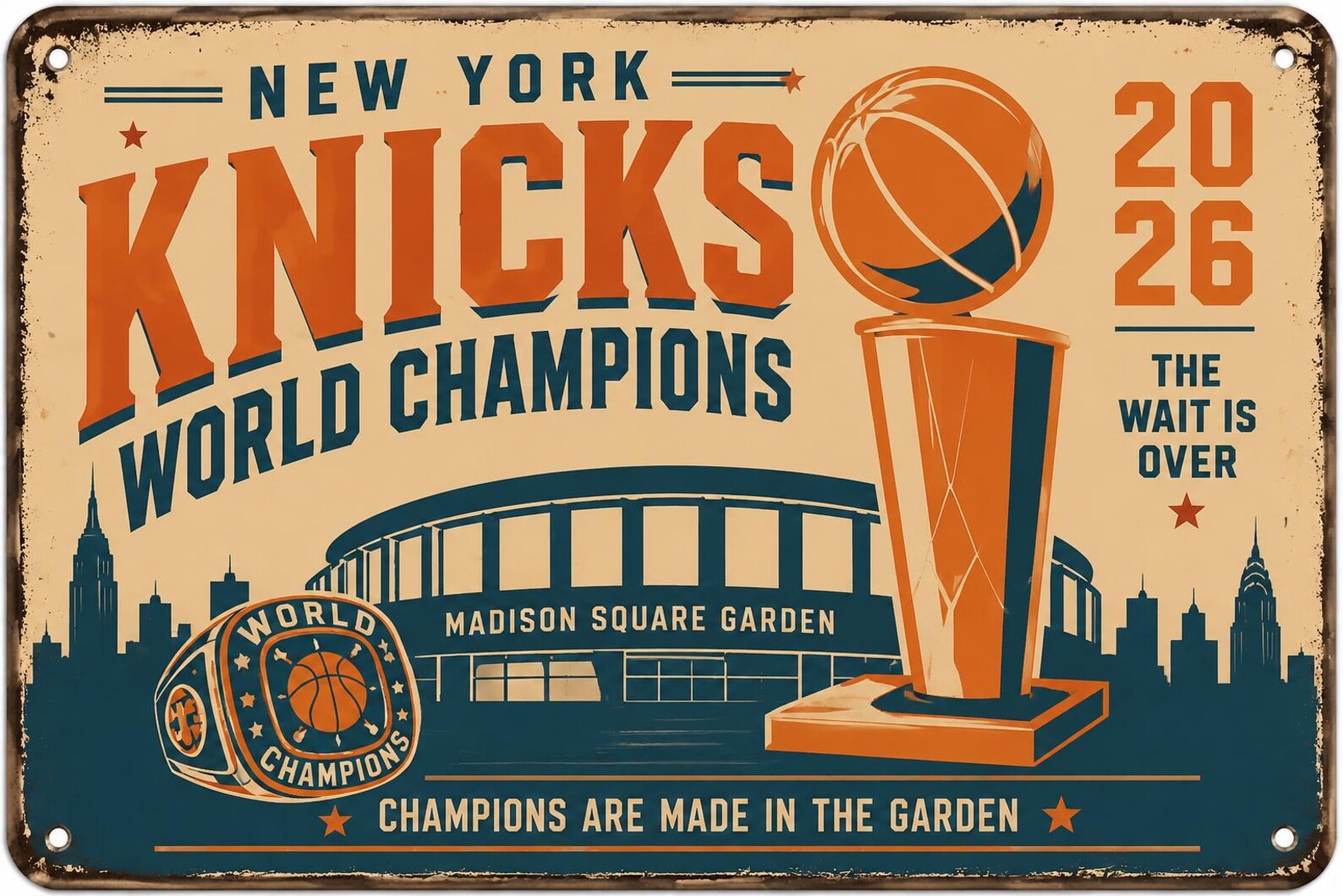 New York World Champions 2026 Vintage Metal Sign | Madison Square Garden Basketball Wall Decor | Retro Championship Tin Sign