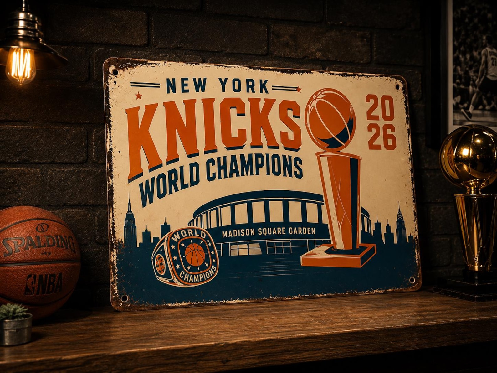 New York World Champions 2026 Vintage Metal Sign | Madison Square Garden Basketball Wall Decor | Retro Championship Tin Sign