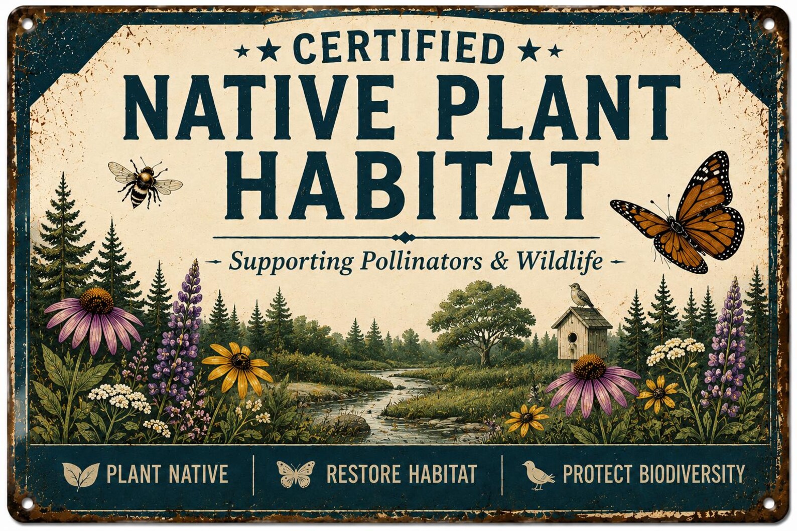 Certified Native Plant Habitat Metal Sign, Pollinator Garden Decor, Wildlife Habitat Plaque, Botanical Outdoor Wall Art Gift