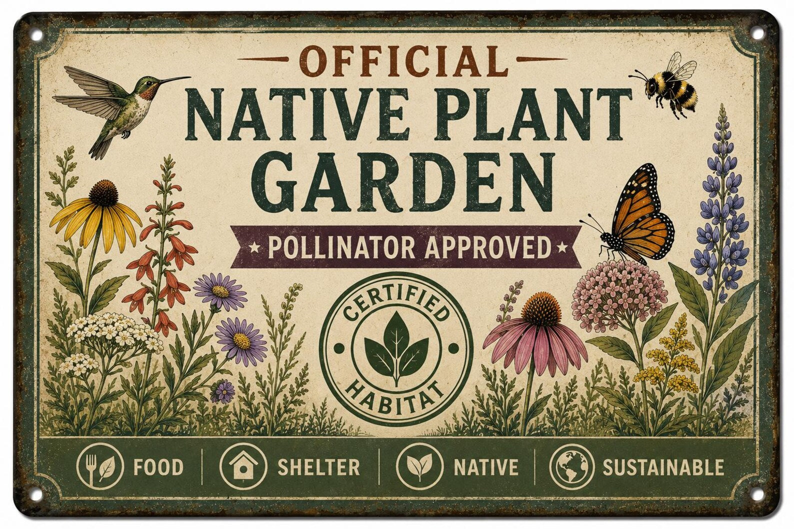 Official Native Plant Garden Metal Sign, Pollinator Approved Wildlife Habitat Decor, Vintage Botanical Garden Wall Plaque Gift