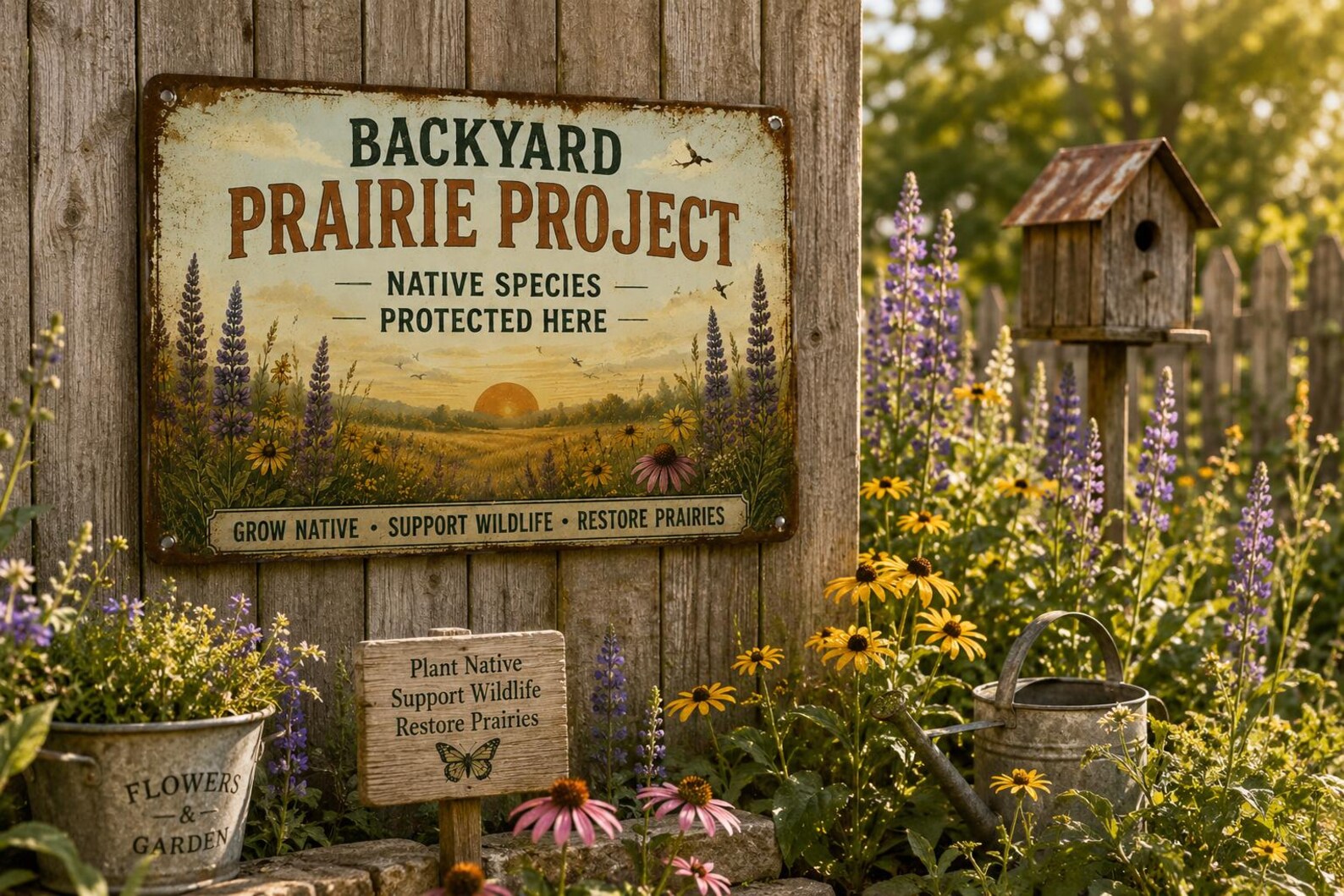 Backyard Prairie Project Metal Sign, Native Wildflower Garden Decor, Rustic Wildlife Habitat Plaque, Prairie Restoration Gift