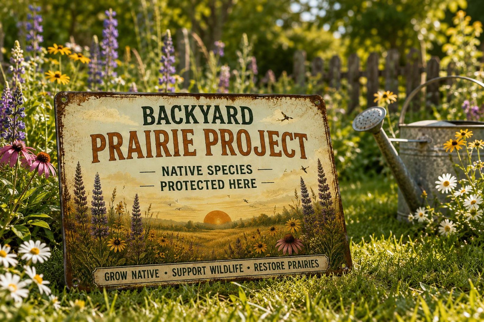 Backyard Prairie Project Metal Sign, Native Wildflower Garden Decor, Rustic Wildlife Habitat Plaque, Prairie Restoration Gift