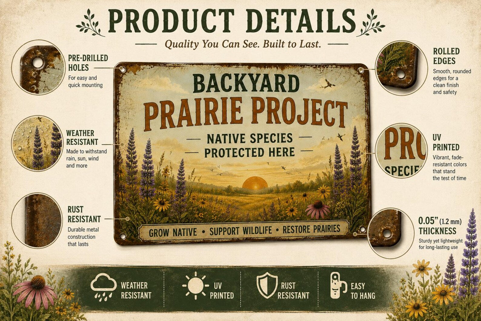 Backyard Prairie Project Metal Sign, Native Wildflower Garden Decor, Rustic Wildlife Habitat Plaque, Prairie Restoration Gift