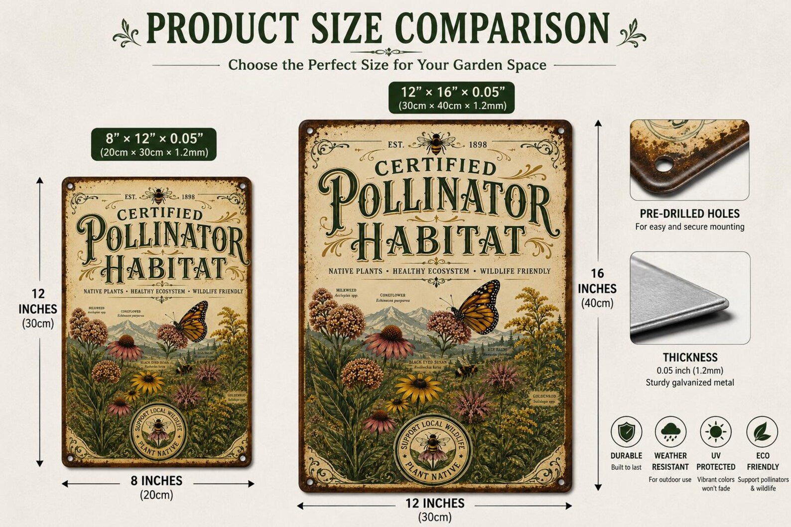 Certified Pollinator Habitat Metal Sign, Native Plant Garden Decor, Monarch Butterfly Wall Art, Bee Friendly Outdoor Plaque Gift