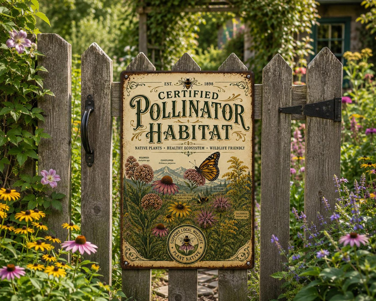 Certified Pollinator Habitat Metal Sign, Native Plant Garden Decor, Monarch Butterfly Wall Art, Bee Friendly Outdoor Plaque Gift