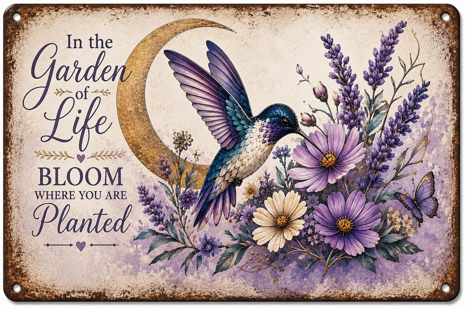 Vintage Hummingbird Floral Metal Sign, Inspirational Garden Wall Decor, Cottagecore Farmhouse Art