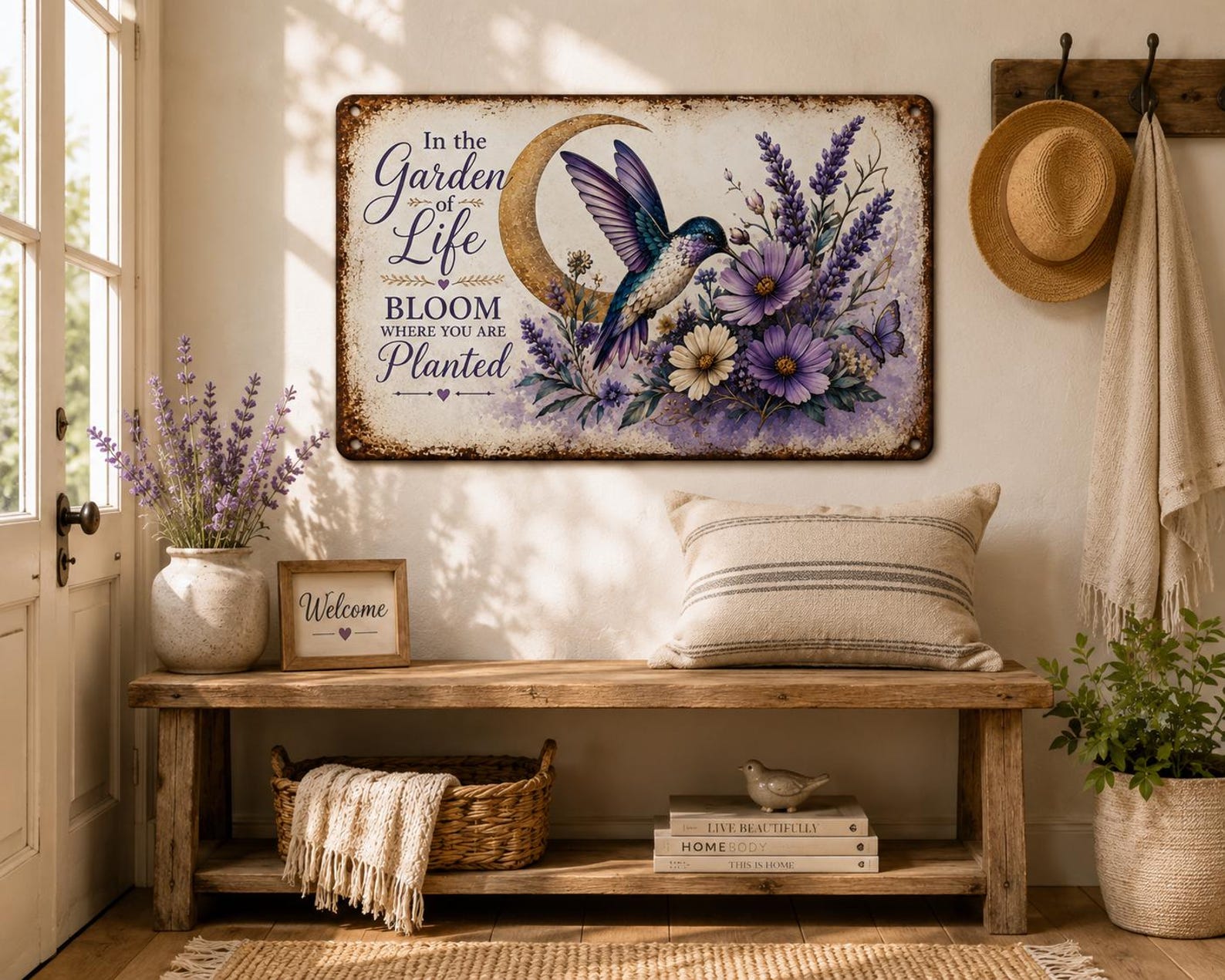 Vintage Hummingbird Floral Metal Sign, Inspirational Garden Wall Decor, Cottagecore Farmhouse Art