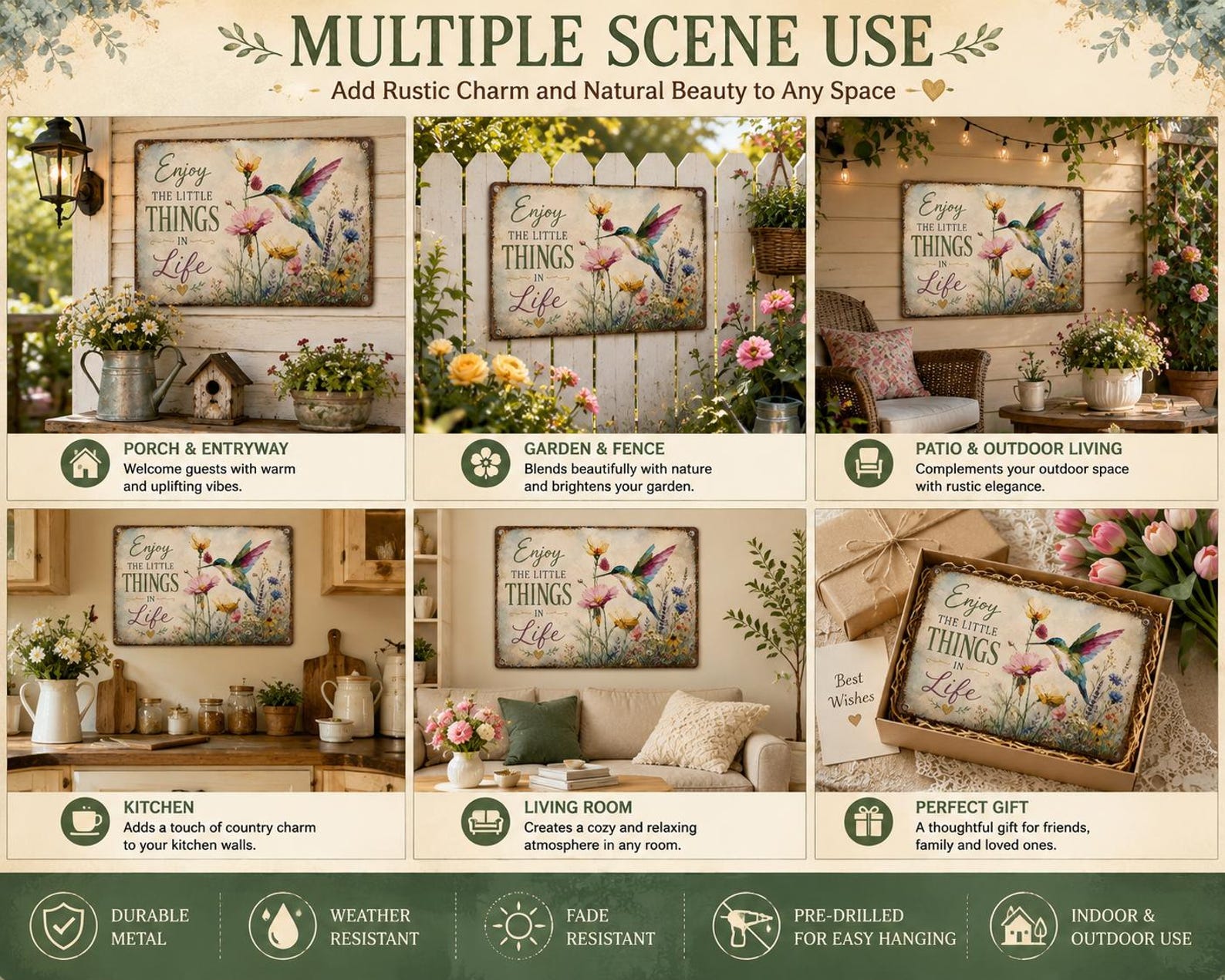 Wildflower Hummingbird Metal Wall Sign, Enjoy the Little Things in Life Decor, Cottage Garden Vintage Plaque, Nature Lover Gift