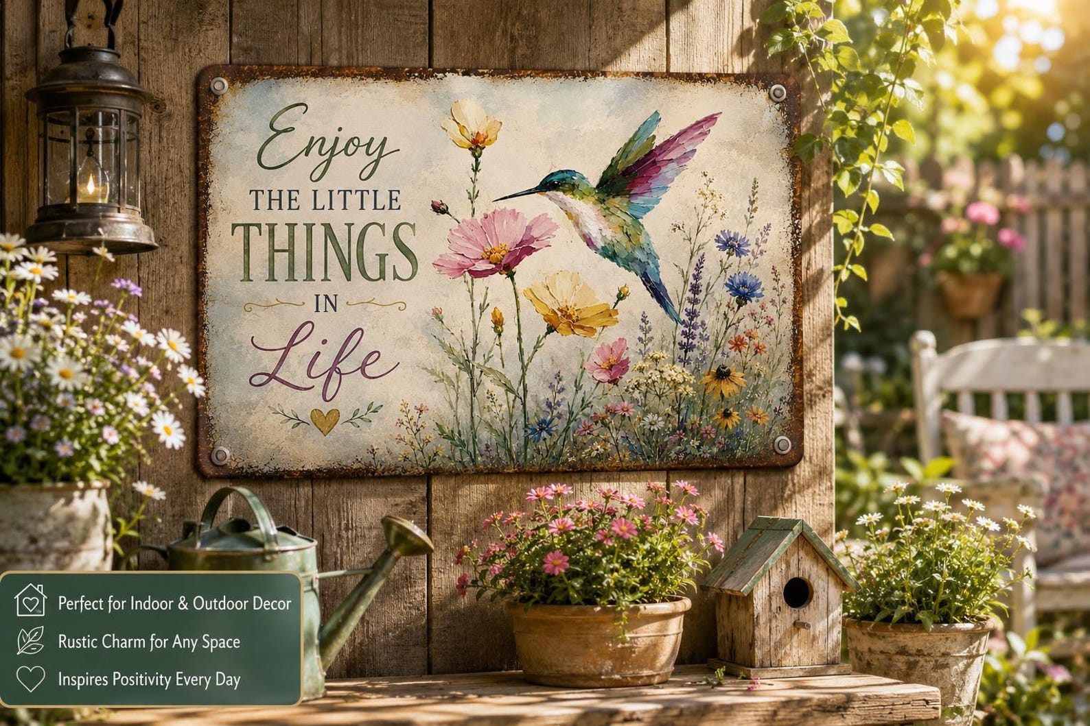 Wildflower Hummingbird Metal Wall Sign, Enjoy the Little Things in Life Decor, Cottage Garden Vintage Plaque, Nature Lover Gift