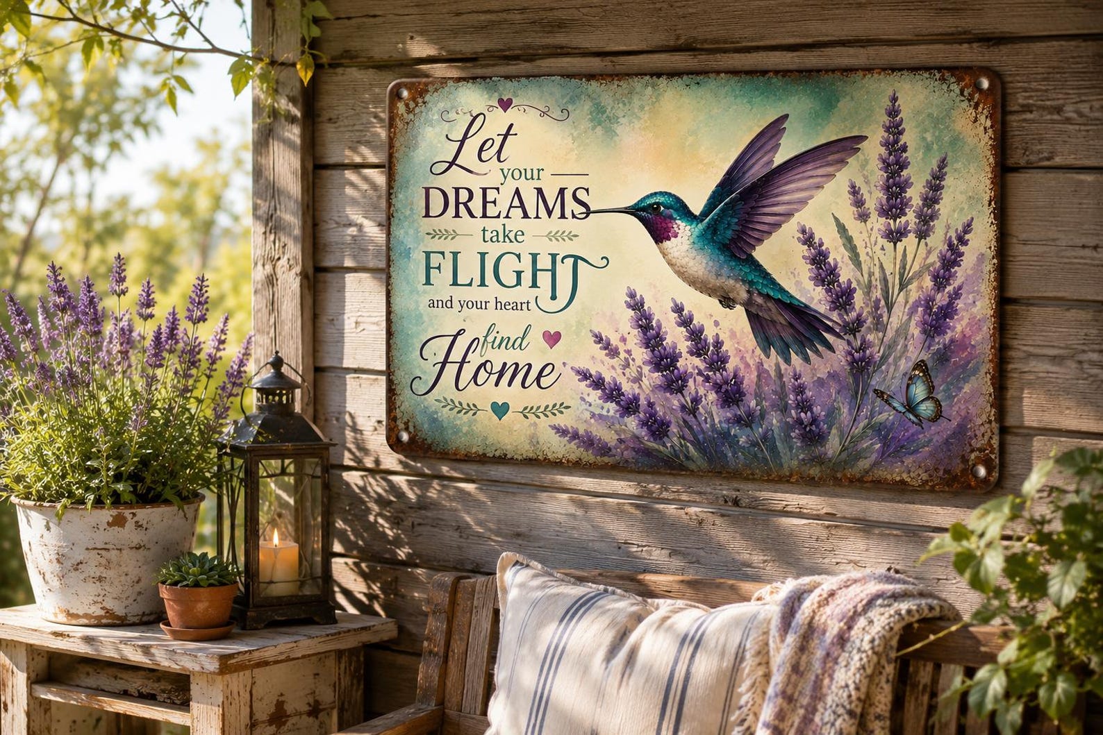Hummingbird Lavender Metal Sign, Let Dreams Take Flight Wall Decor, Vintage Botanical Plaque
