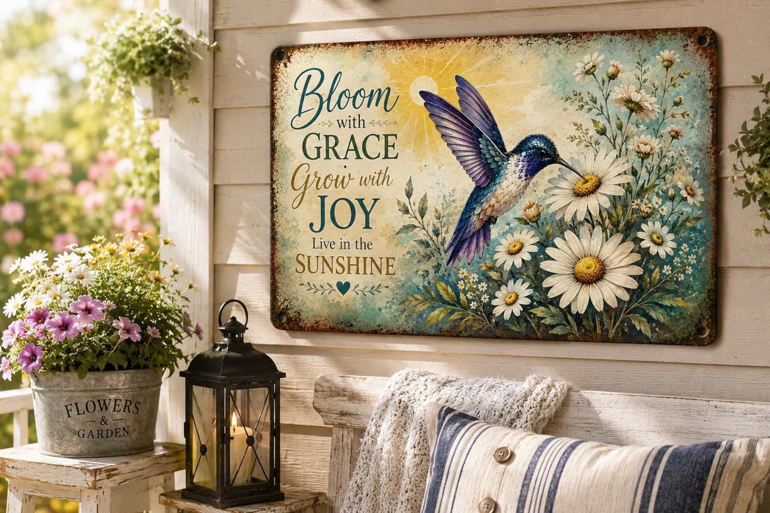 Hummingbird Daisy Metal Sign, Bloom Grow Joy Wall Art, Rustic Cottagecore Garden Decor
