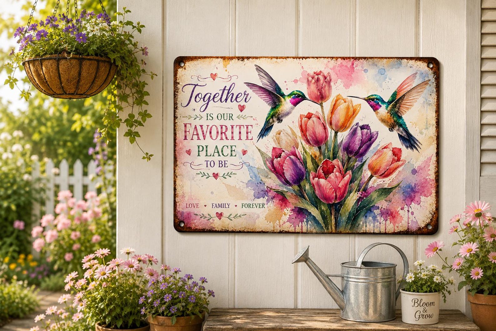 Hummingbird Rose Metal Sign, Watercolor Floral Wall Decor, Inspirational Garden Art