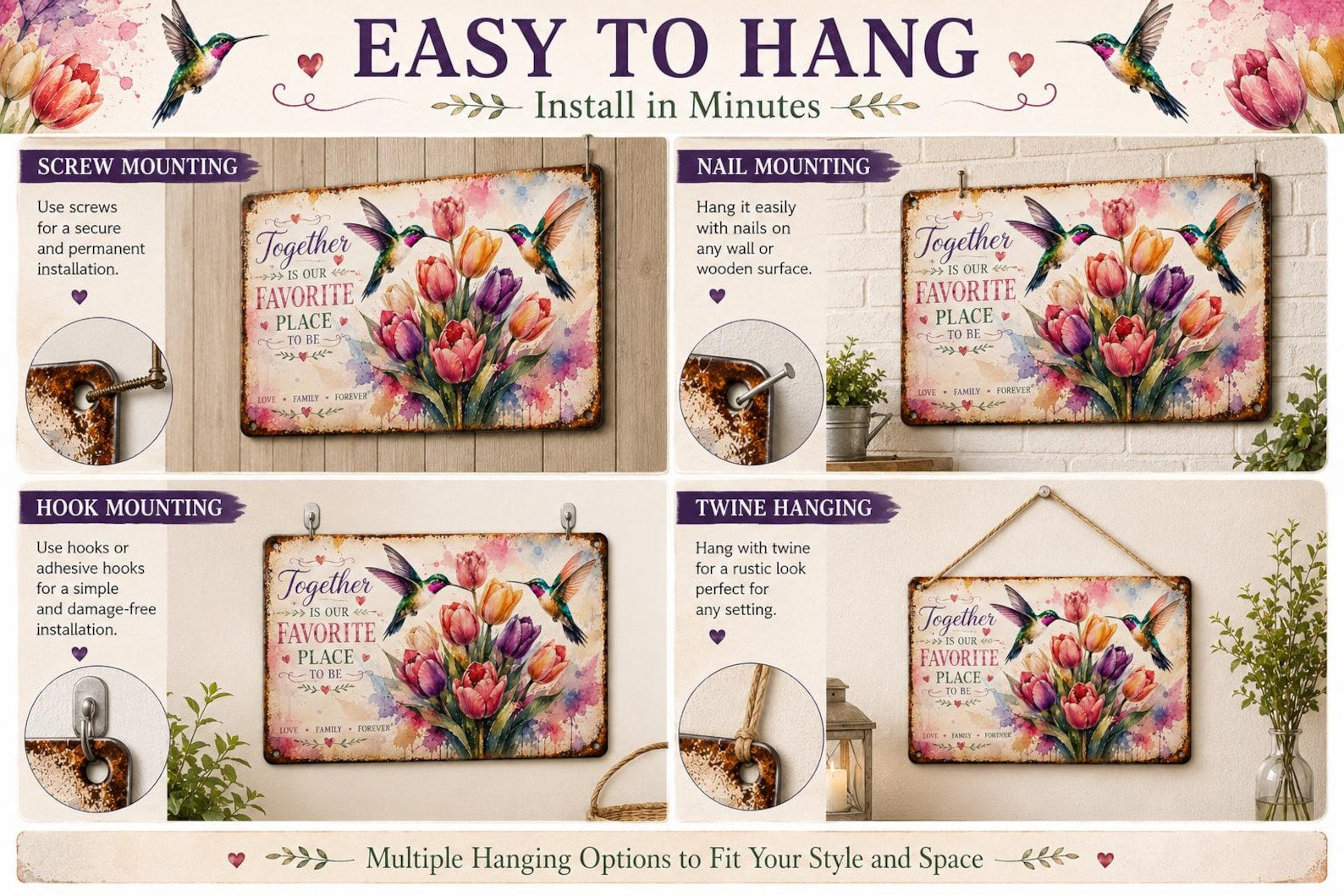 Hummingbird Rose Metal Sign, Watercolor Floral Wall Decor, Inspirational Garden Art