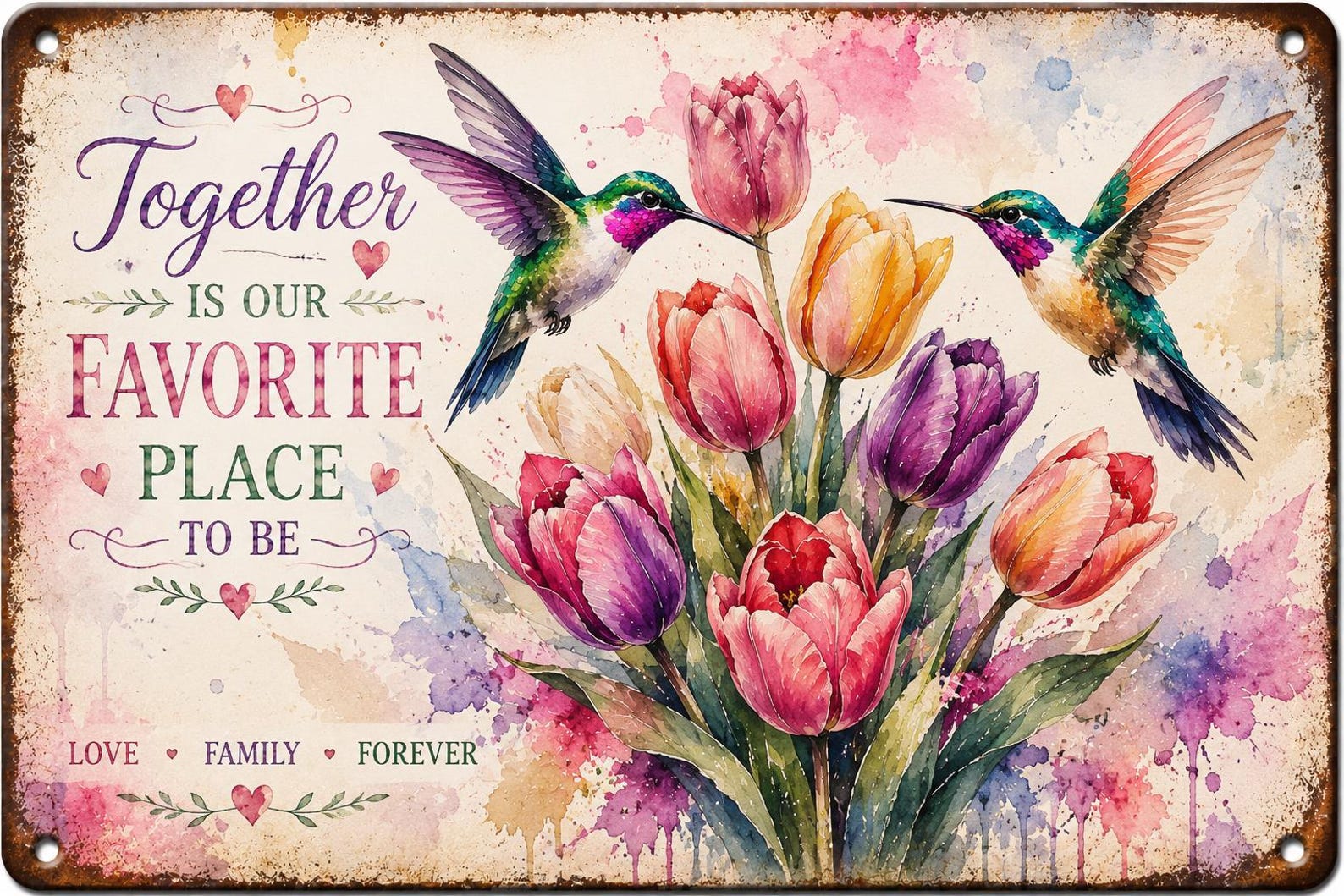 Hummingbird Rose Metal Sign, Watercolor Floral Wall Decor, Inspirational Garden Art