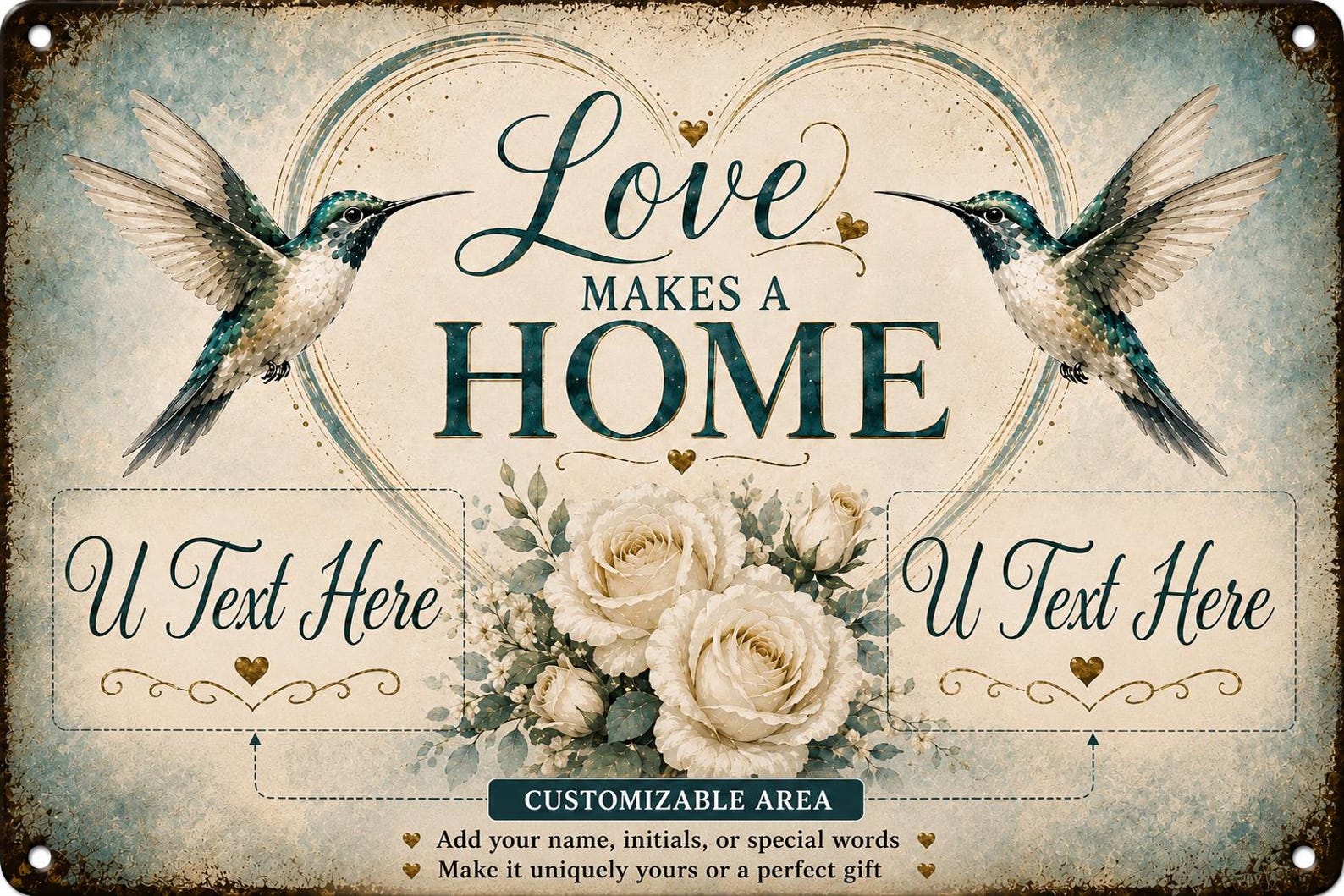 Personalized Hummingbird Metal Sign, Love Makes a Home Custom Wall Decor, Farmhouse Housewarming Gift