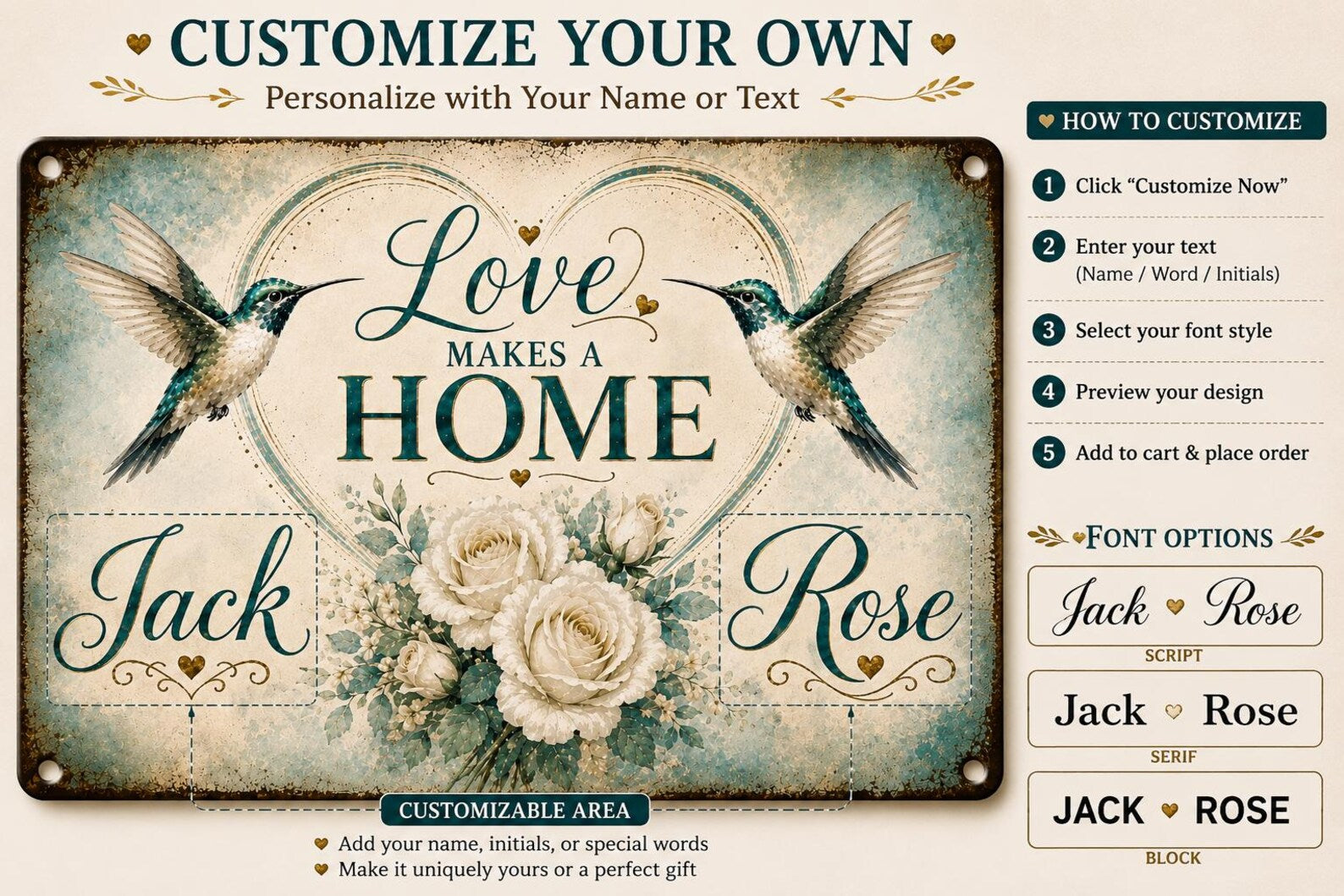 Personalized Hummingbird Metal Sign, Love Makes a Home Custom Wall Decor, Farmhouse Housewarming Gift
