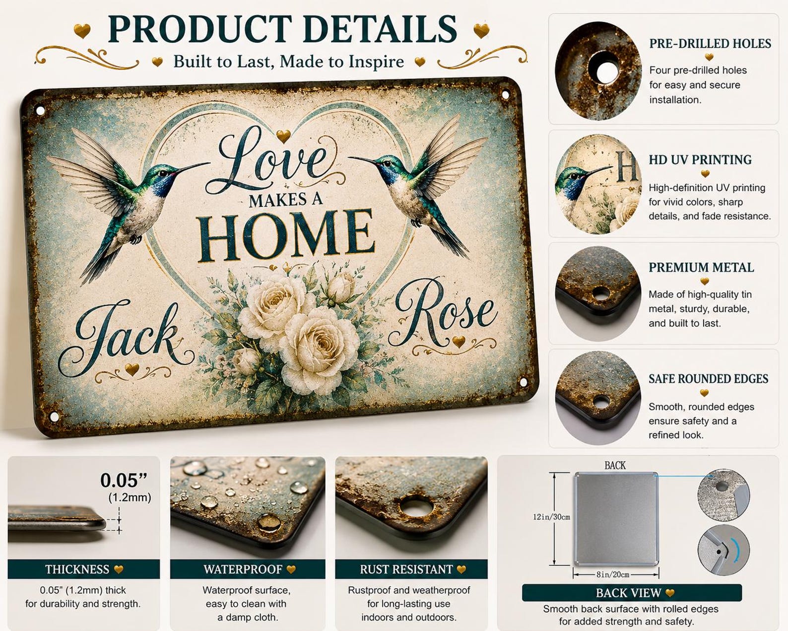 Personalized Hummingbird Metal Sign, Love Makes a Home Custom Wall Decor, Farmhouse Housewarming Gift