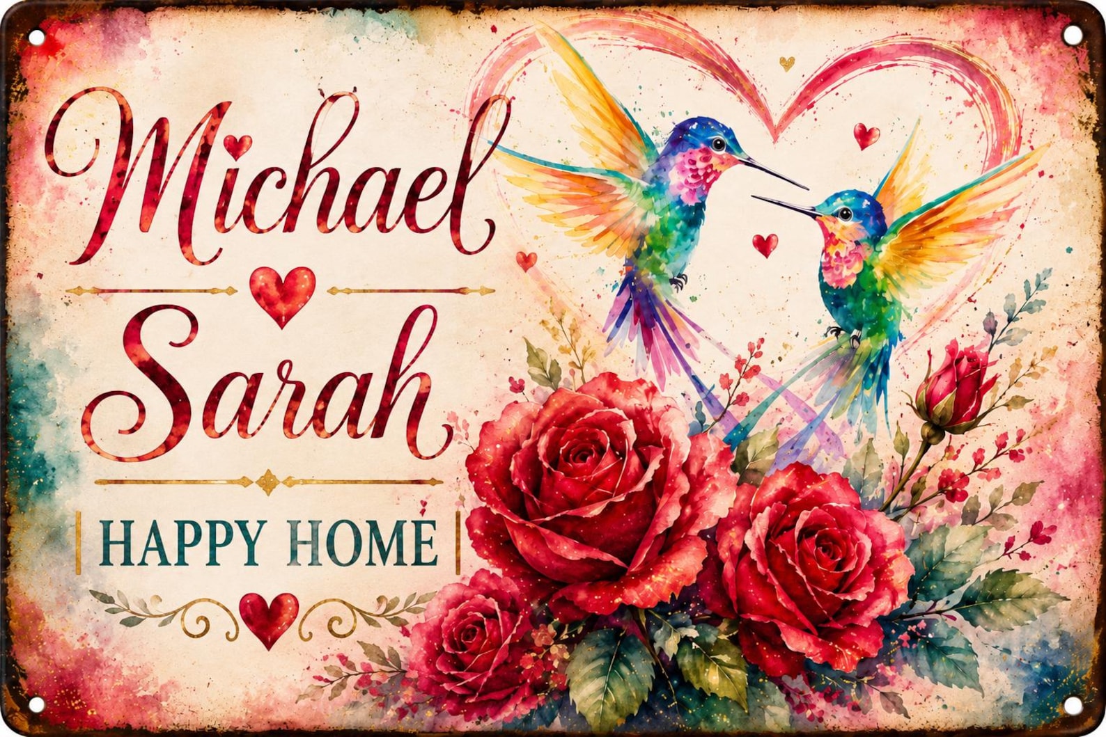 Personalized Hummingbird Couple Metal Sign, Romantic Roses Wall Decor, Anniversary Wedding Gift