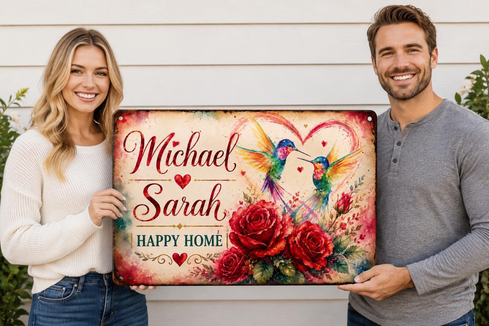 Personalized Hummingbird Couple Metal Sign, Romantic Roses Wall Decor, Anniversary Wedding Gift