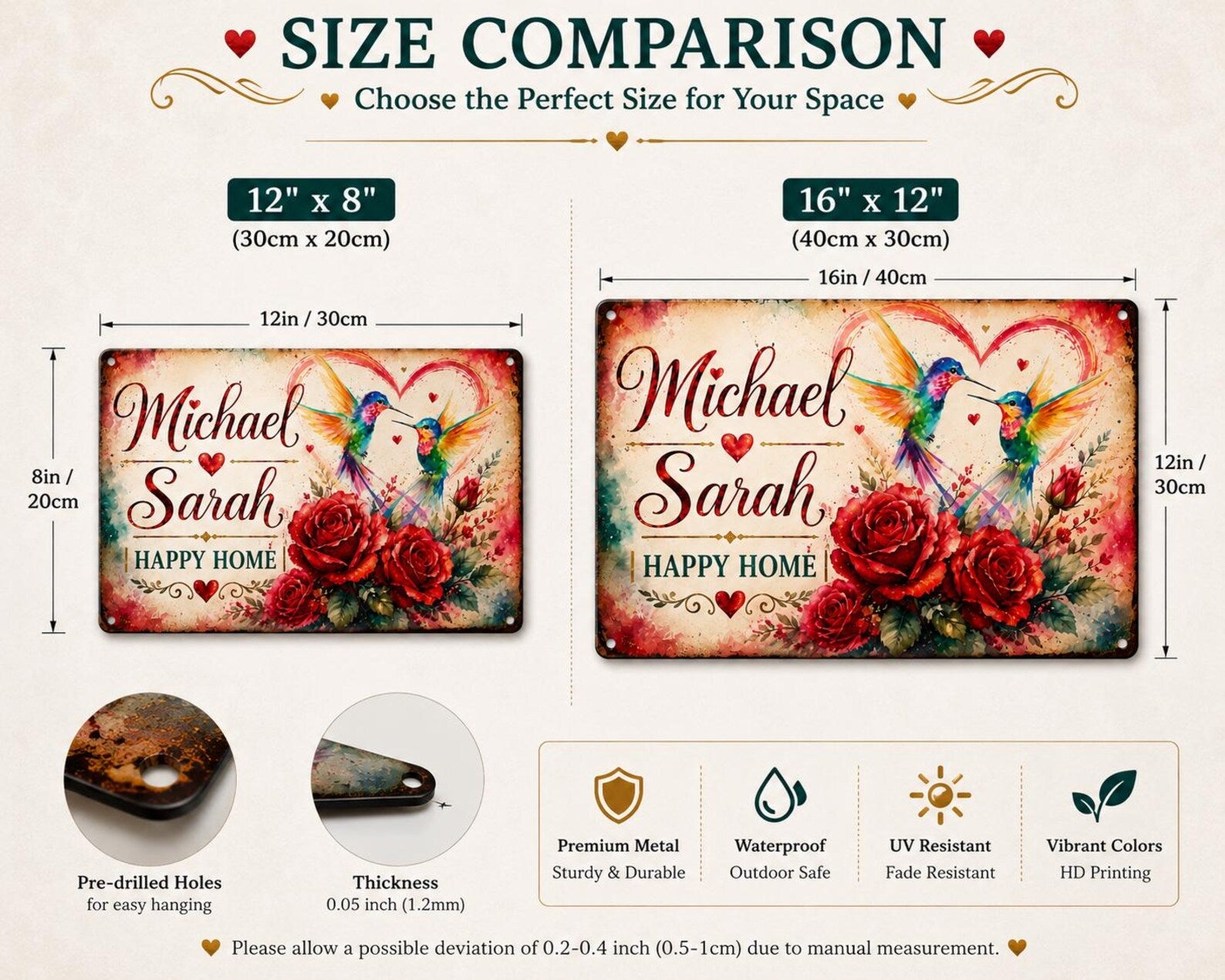 Personalized Hummingbird Couple Metal Sign, Romantic Roses Wall Decor, Anniversary Wedding Gift