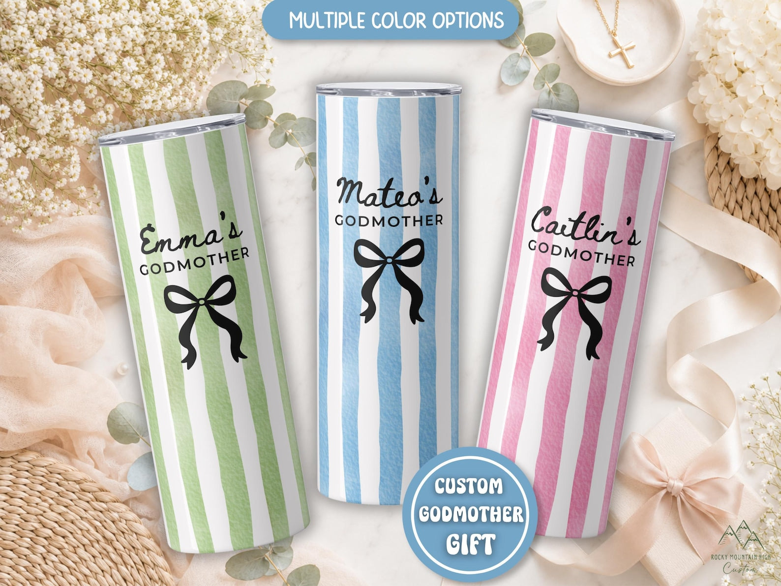 Personalized Godmother Tumbler with Name, Godmother Proposal Gift, Baptism Gift for Godmother, Watercolor Striped 20 oz Cup