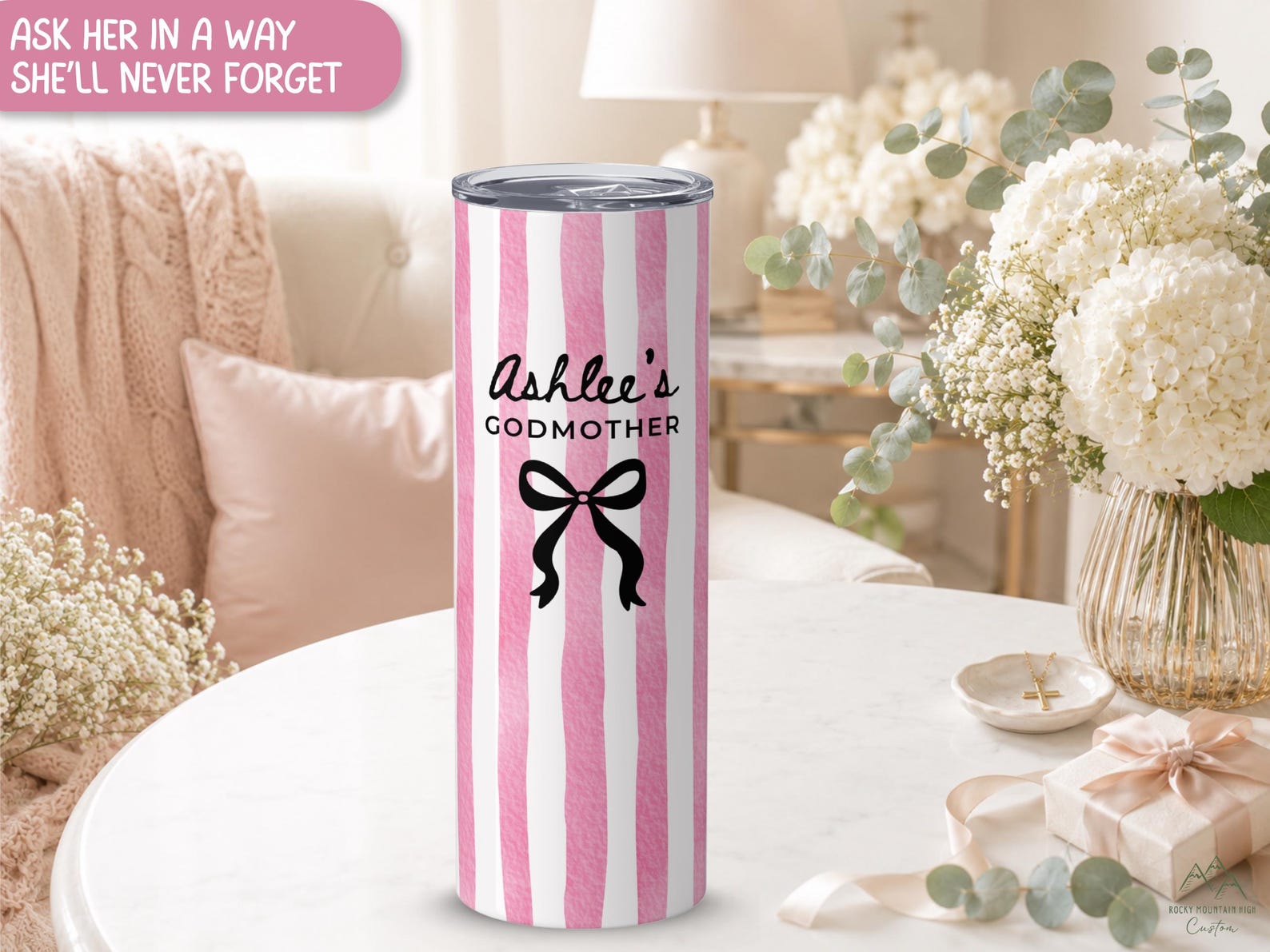 Personalized Godmother Tumbler with Name, Godmother Proposal Gift, Baptism Gift for Godmother, Watercolor Striped 20 oz Cup