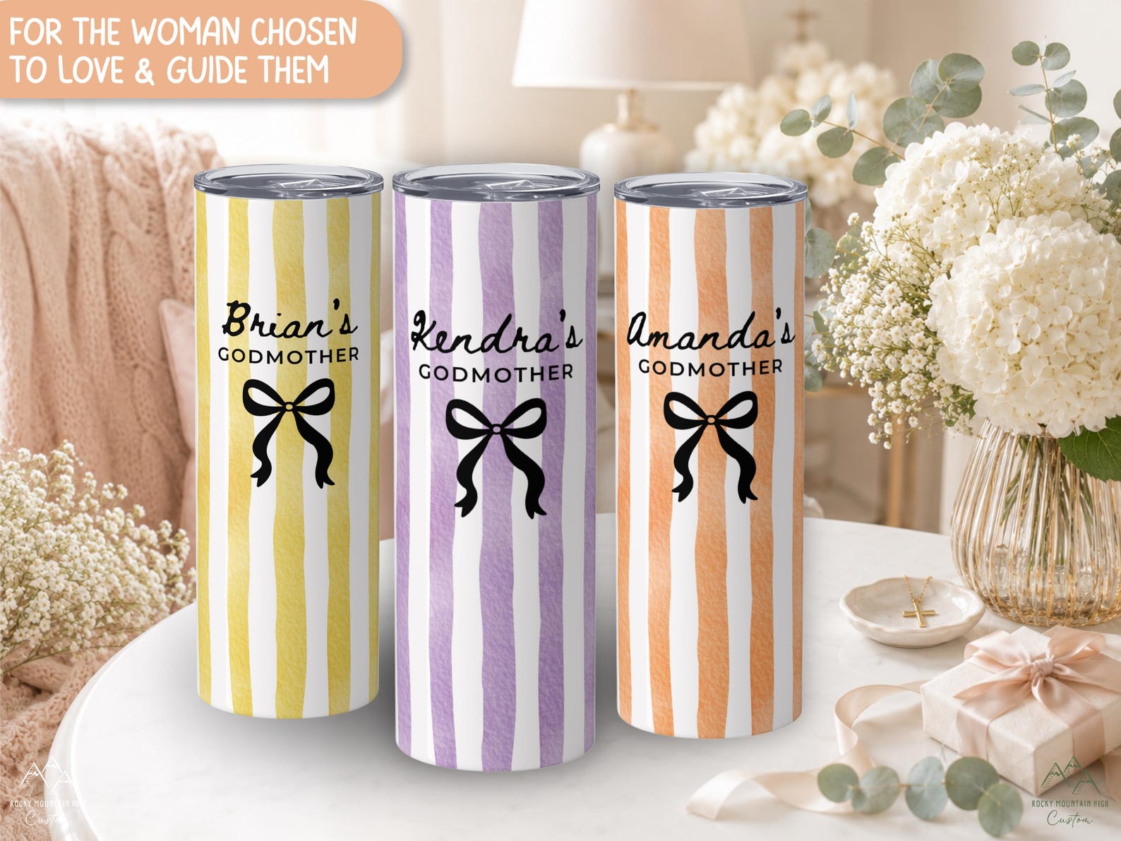 Personalized Godmother Tumbler with Name, Godmother Proposal Gift, Baptism Gift for Godmother, Watercolor Striped 20 oz Cup