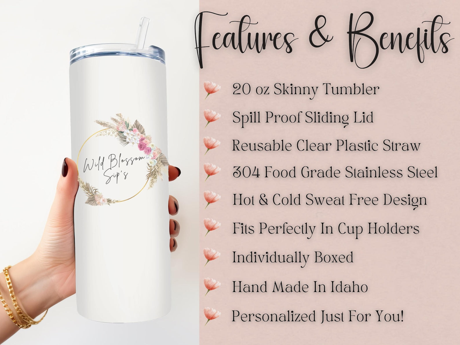 Personalized Wildflower Tumbler: 20oz Stainless Steel, Boho Floral
