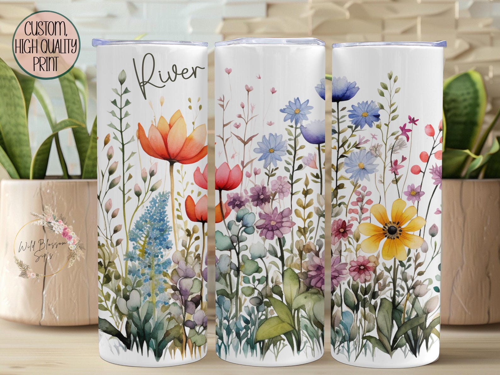 Personalized Wildflower Tumbler: 20oz Stainless Steel, Boho Floral