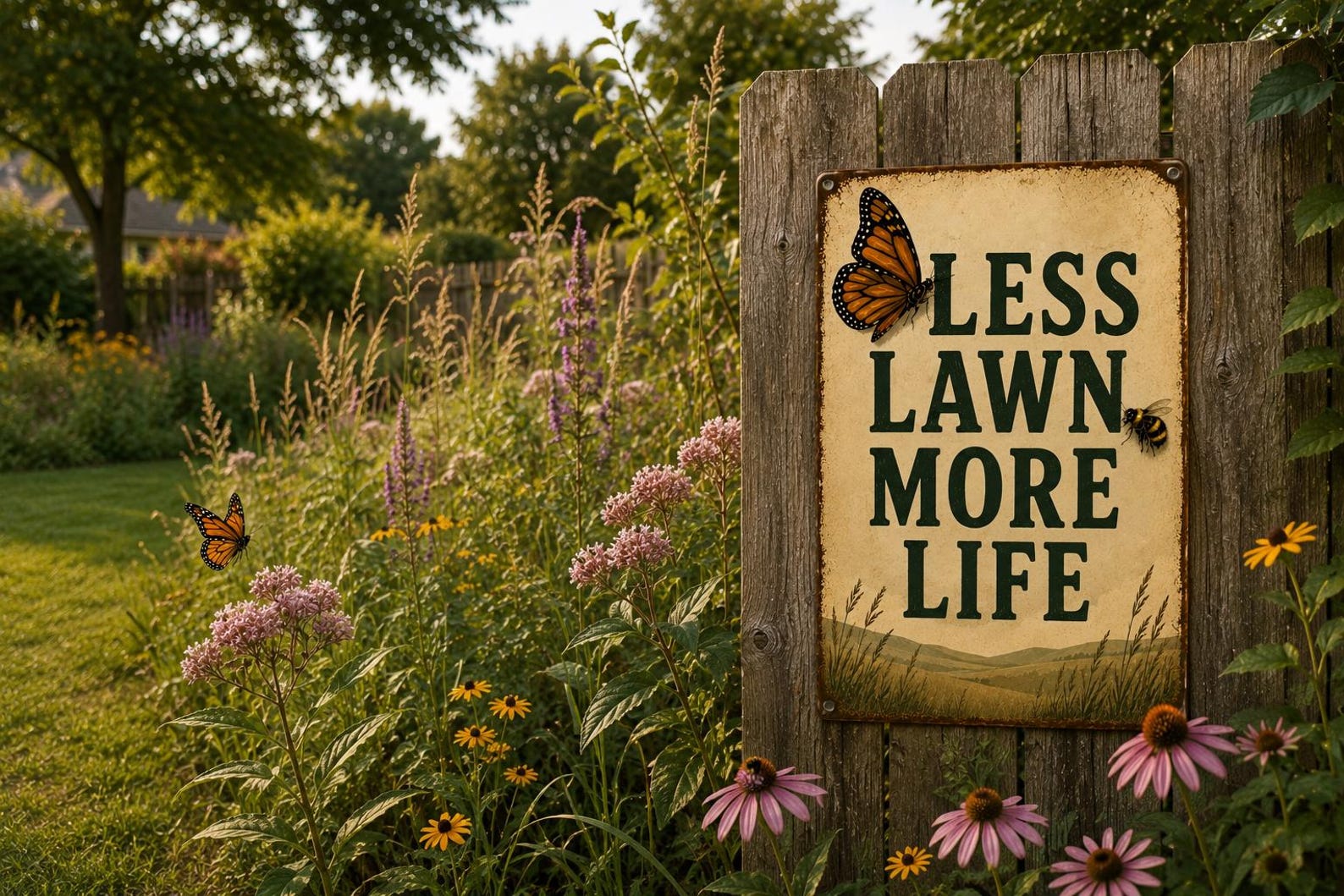 Vintage Less Lawn More Life Metal Sign, Rustic Garden Decor, Butterfly Bee Artwork