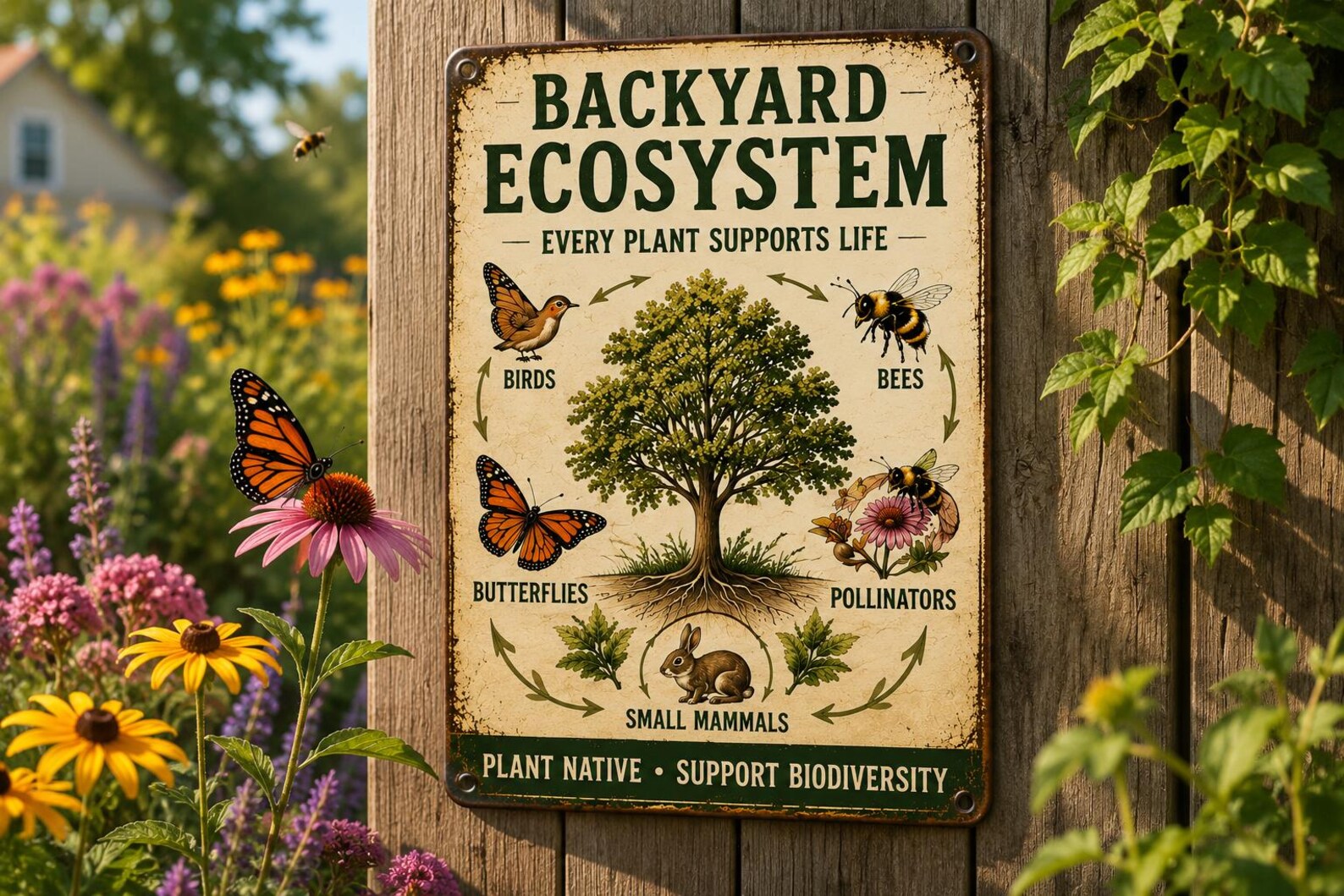 Vintage Backyard Ecosystem Metal Sign, Native Plant Biodiversity Decor