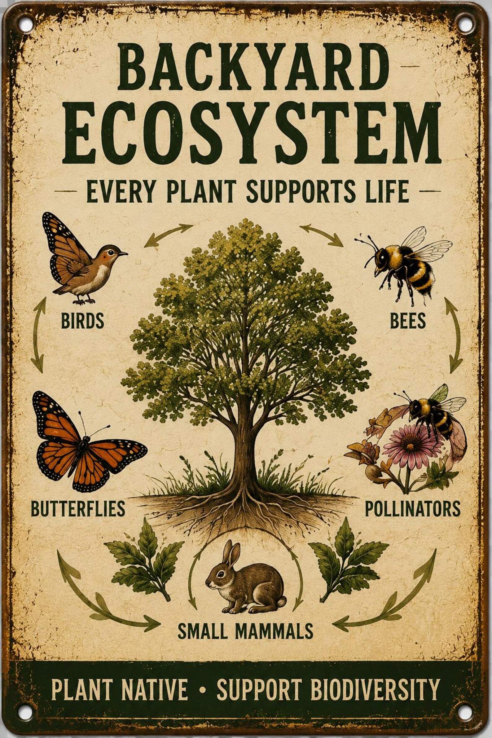 Vintage Backyard Ecosystem Metal Sign, Native Plant Biodiversity Decor