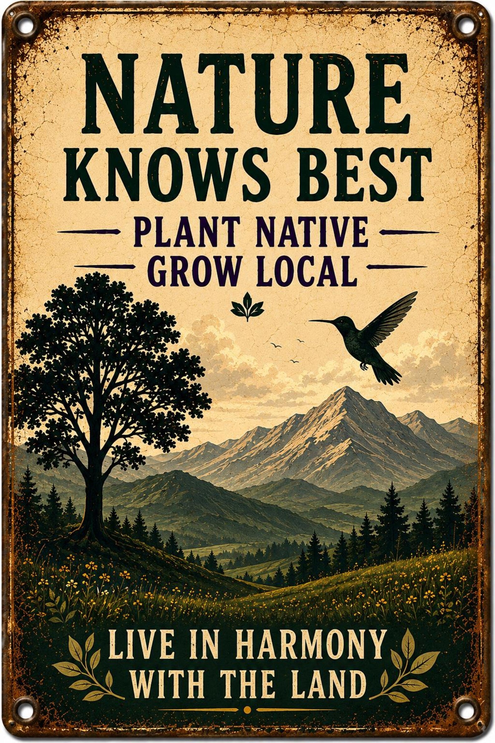 Vintage Nature Metal Sign, Plant Native Grow Local Garden Plaque