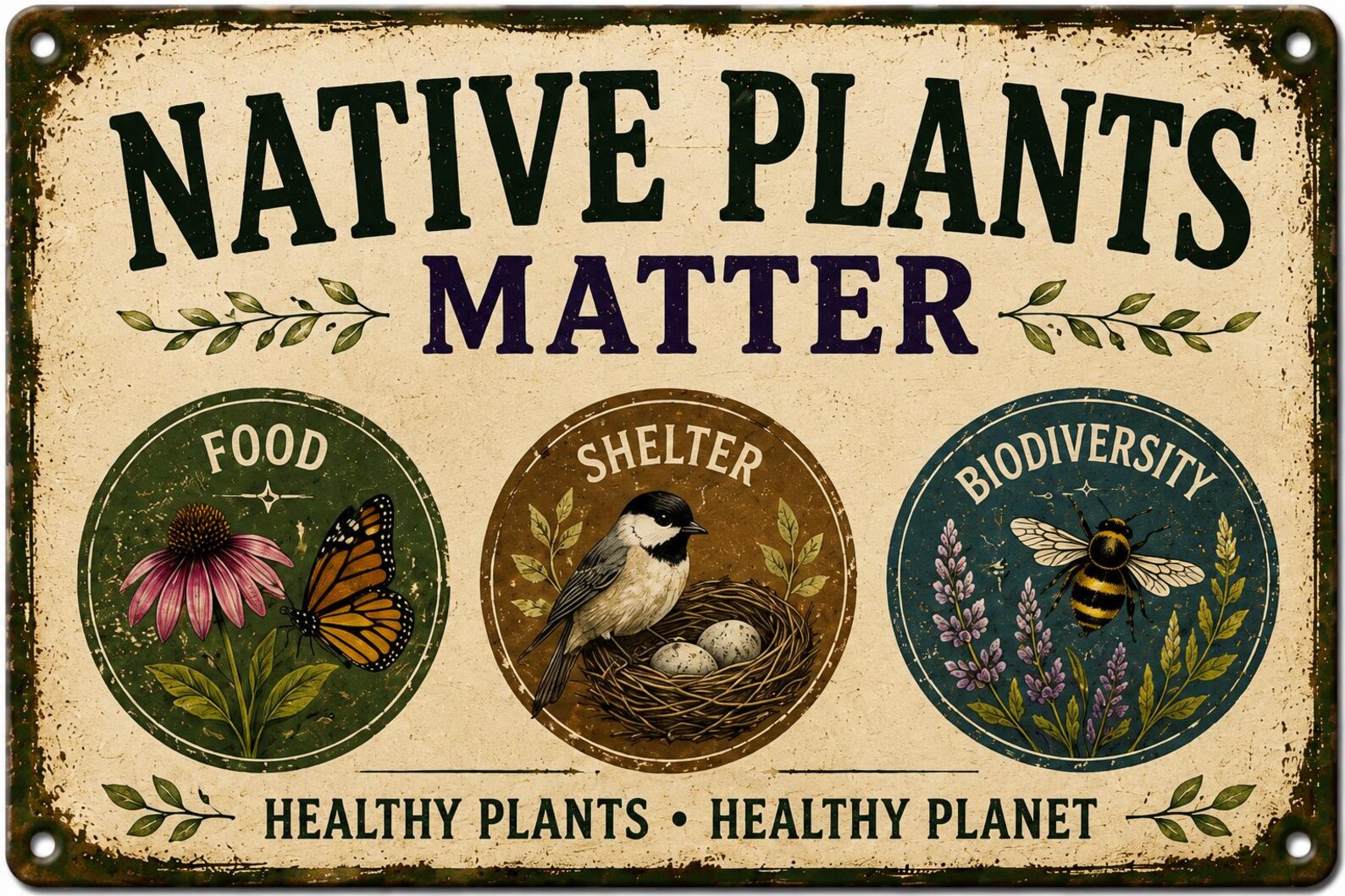 Native Plants Matter Metal Sign, Rustic Farmhouse Pollinator Garden Plaque