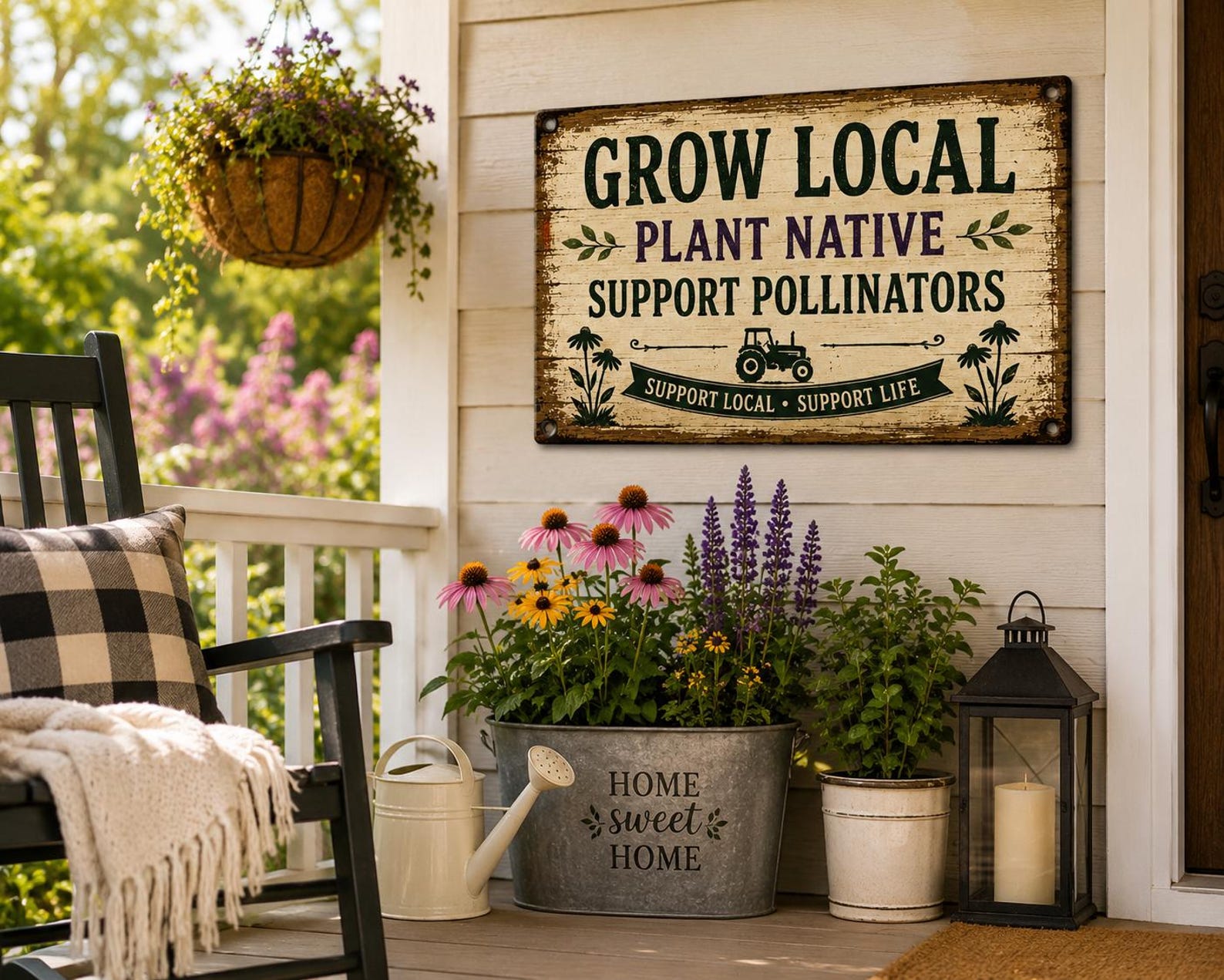 Vintage Metal Sign, Grow Local Plant Native, Support Pollinators Rustic Farmhouse Decor