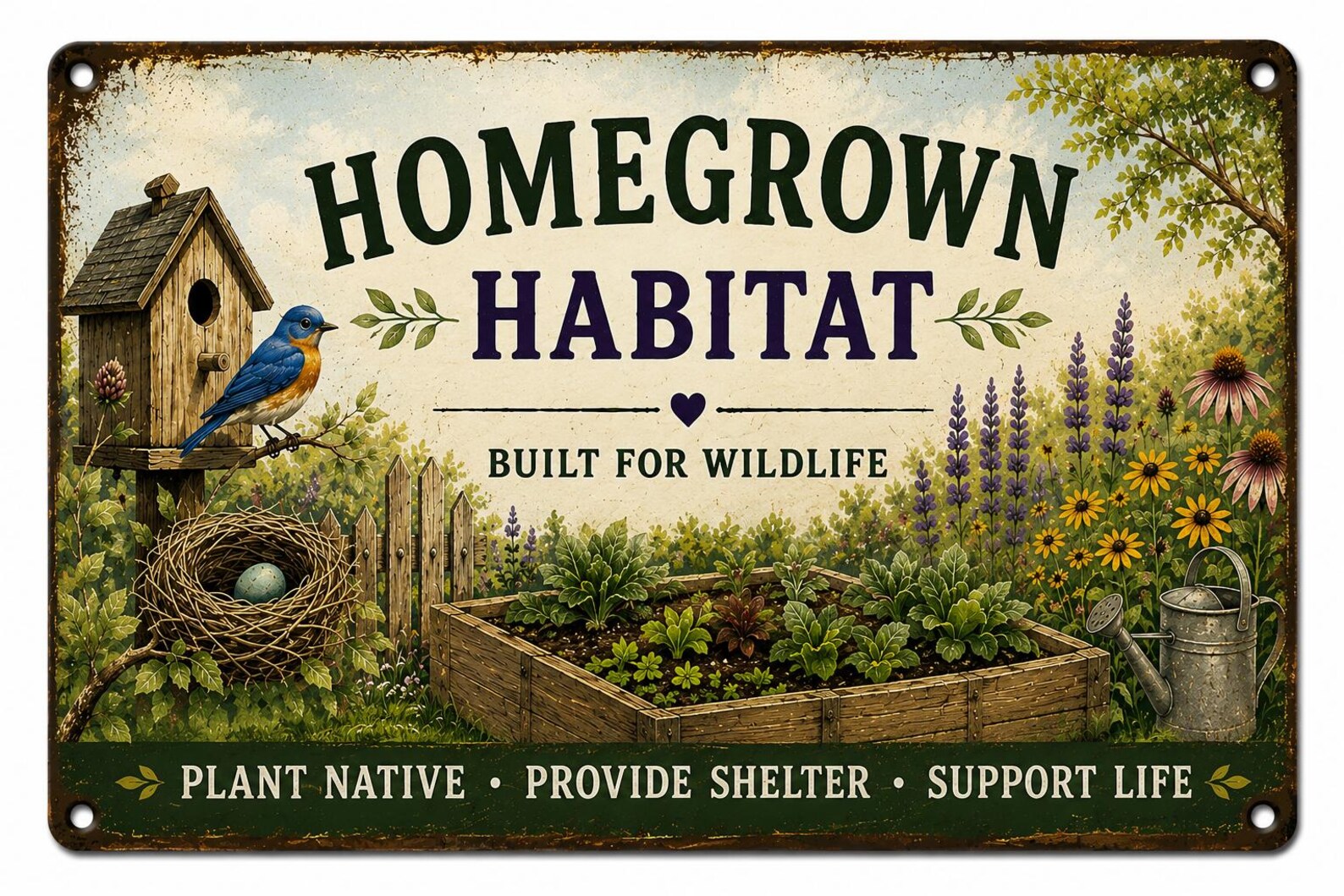 Homegrown Habitat Metal Sign, Built for Wildlife Garden Decor, Native Plant Farmhouse Plaque