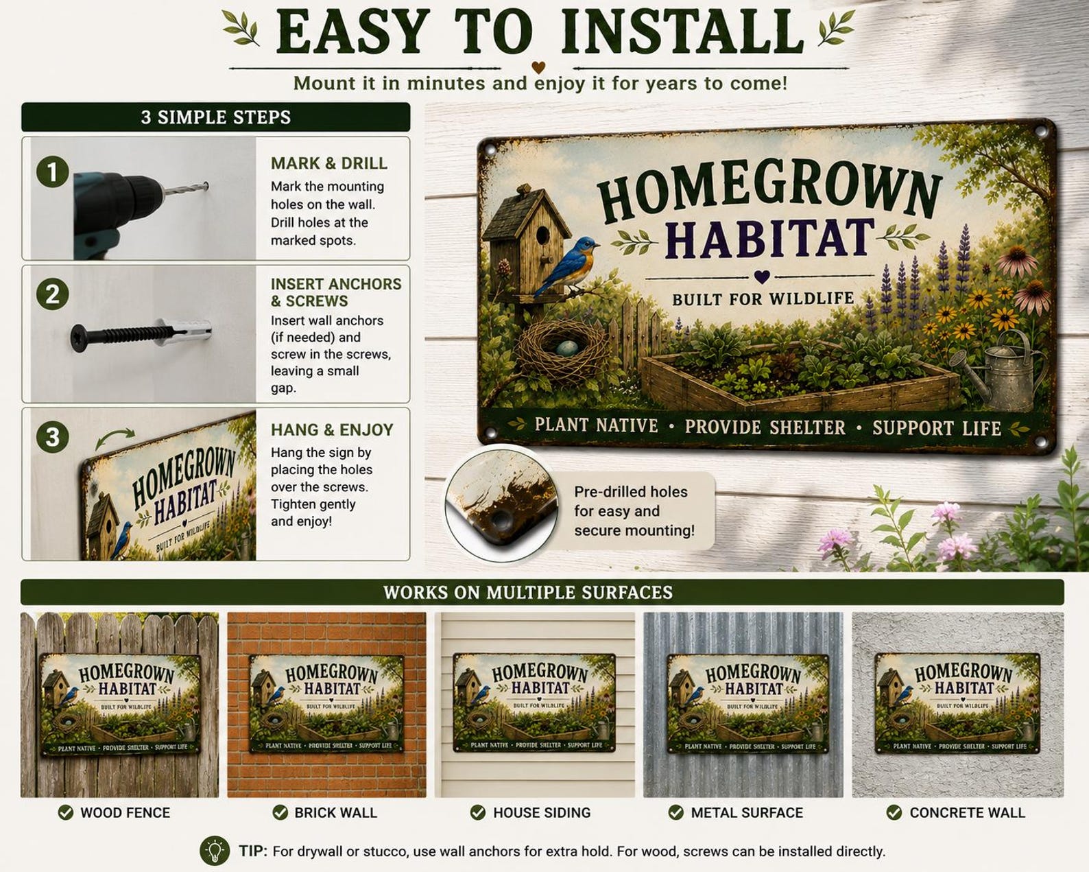 Homegrown Habitat Metal Sign, Built for Wildlife Garden Decor, Native Plant Farmhouse Plaque