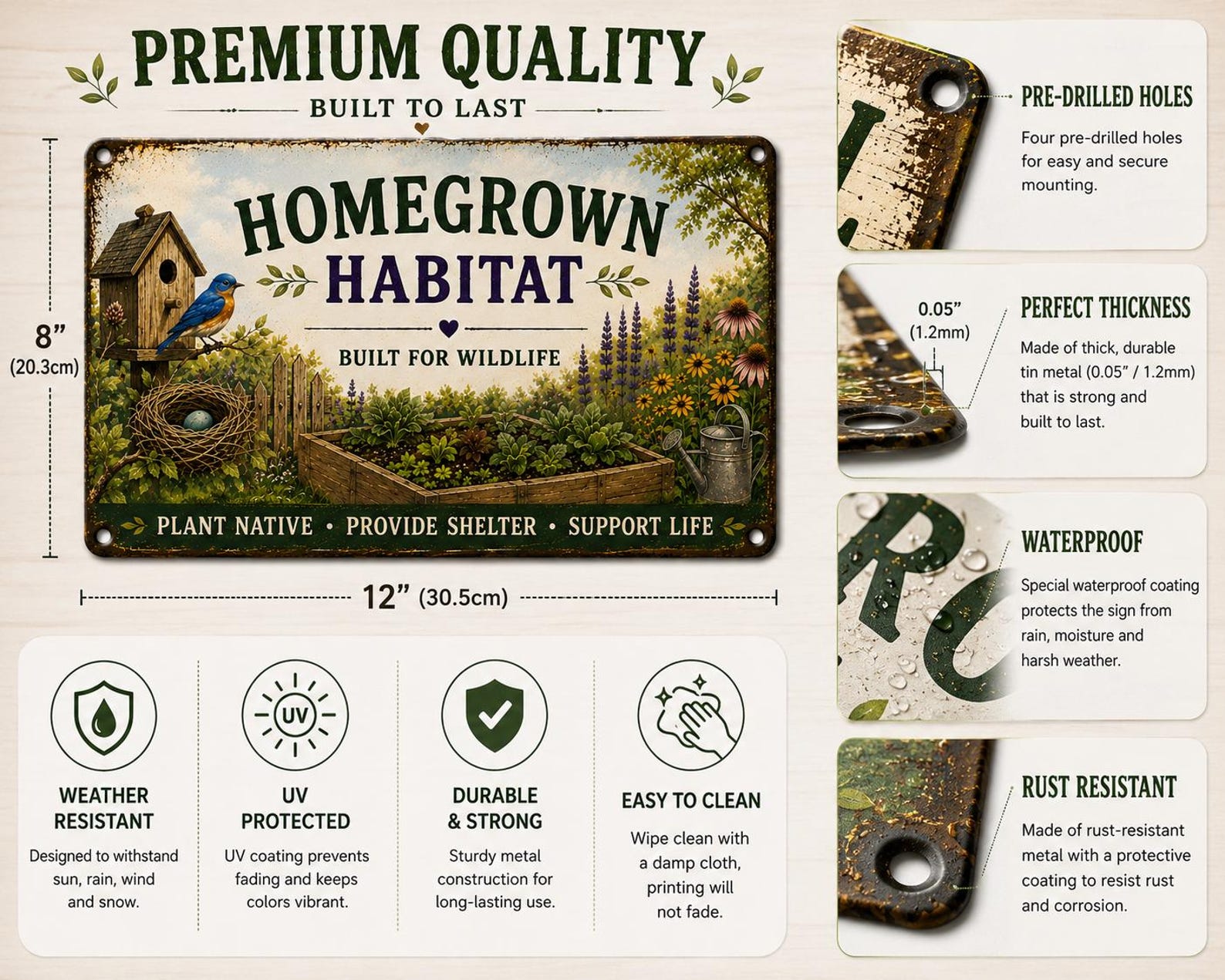 Homegrown Habitat Metal Sign, Built for Wildlife Garden Decor, Native Plant Farmhouse Plaque