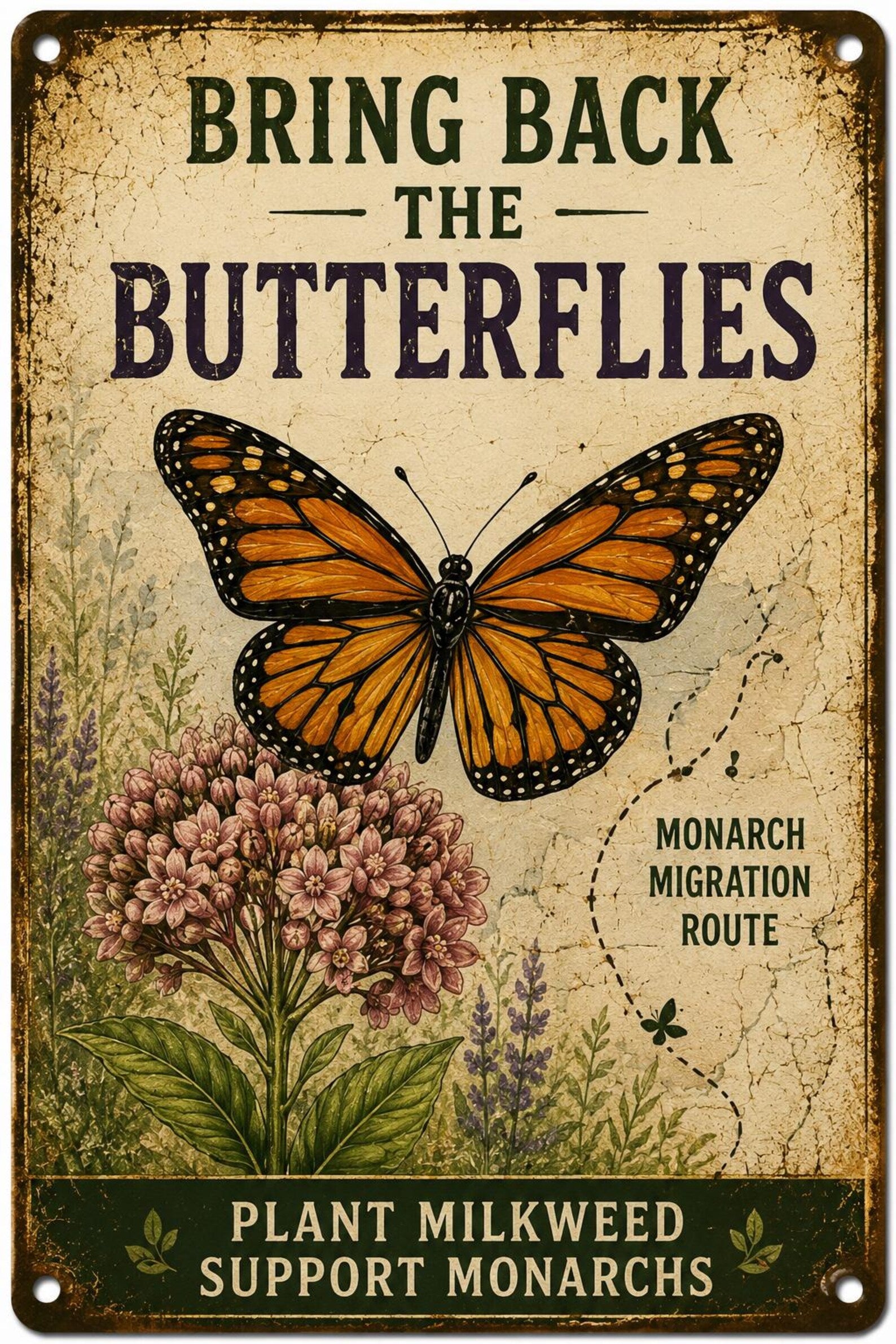 Vintage Butterfly Metal Sign, Monarch Garden Wall Decor, Plant Milkweed Plaque