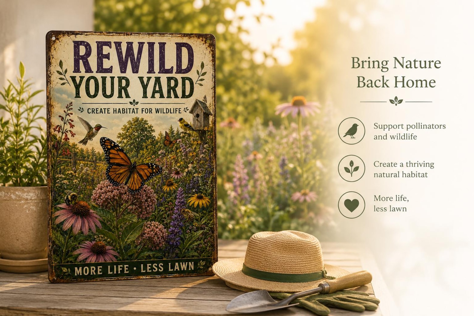 Native Wildlife Garden Metal Sign, Rewild Your Yard Decor, Pollinator Paradise Plaque
