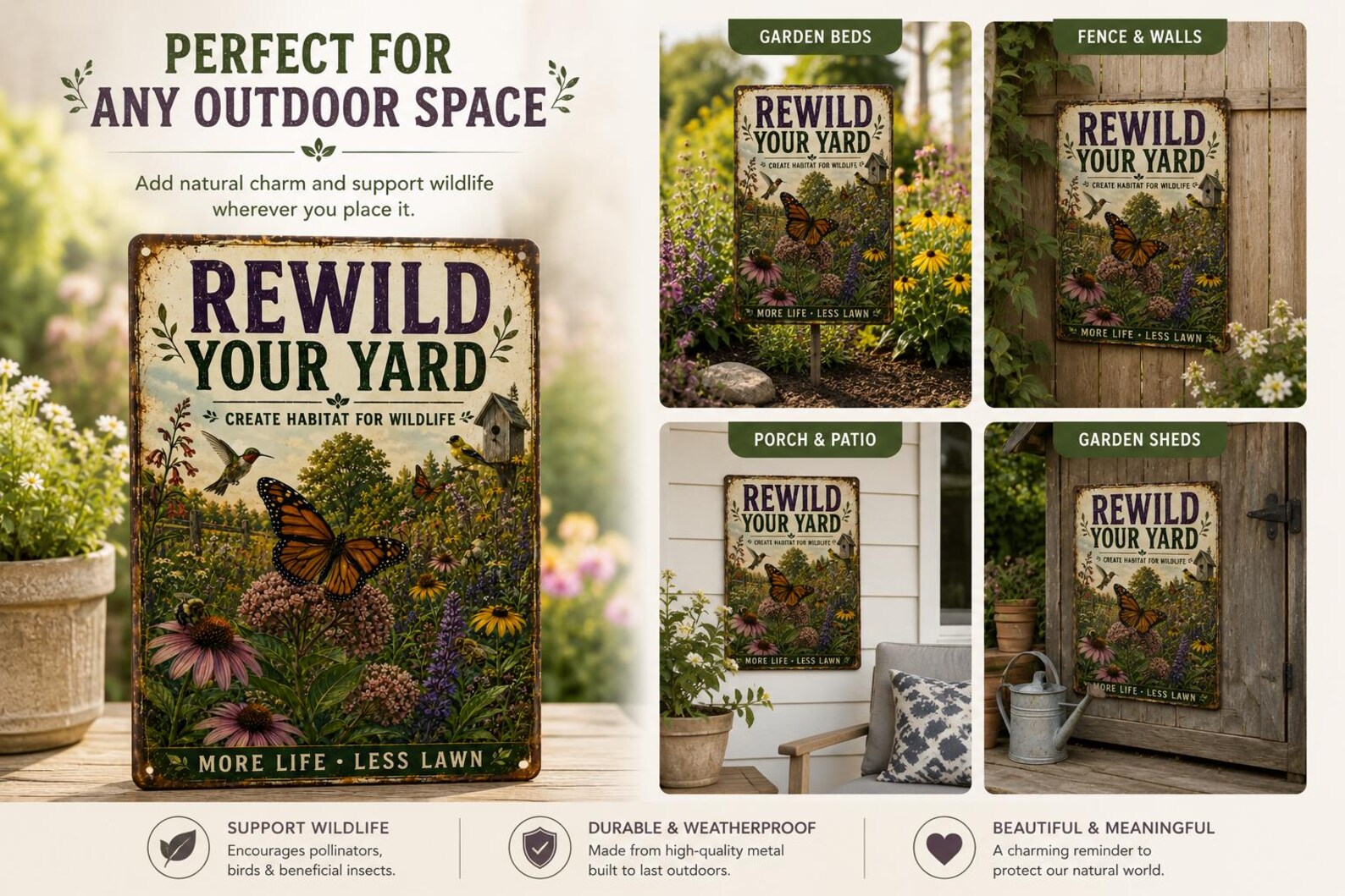 Native Wildlife Garden Metal Sign, Rewild Your Yard Decor, Pollinator Paradise Plaque