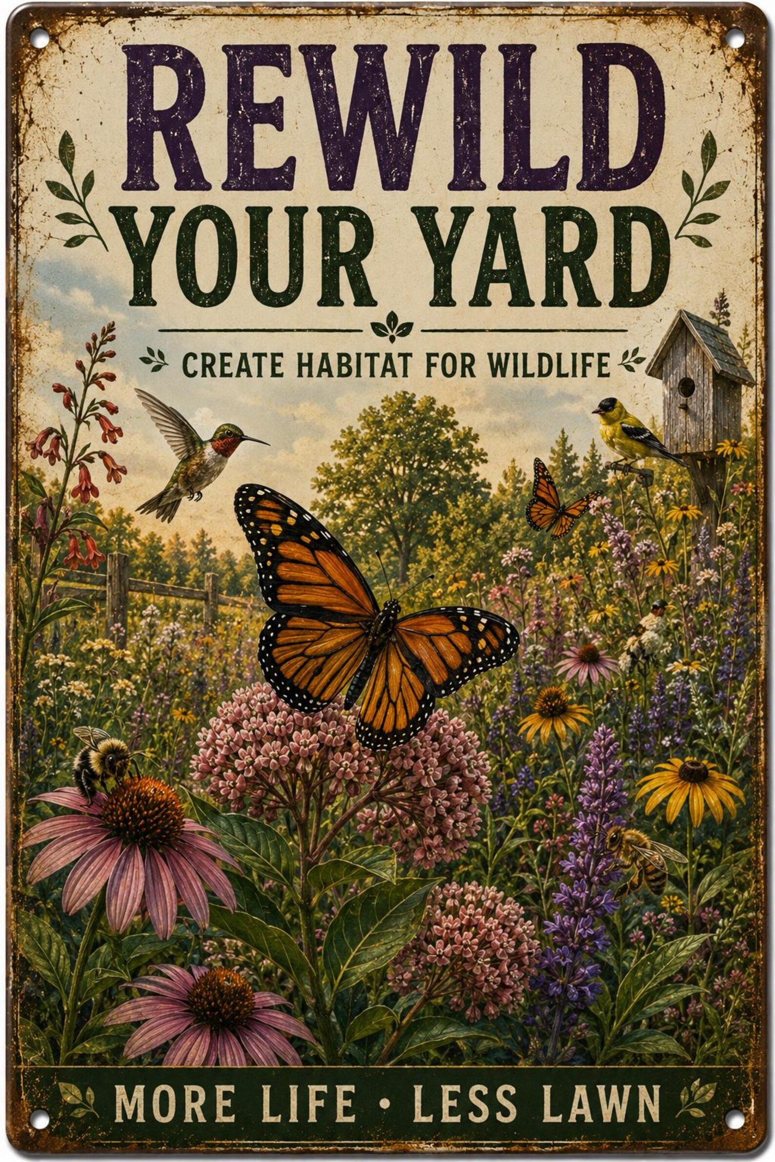 Native Wildlife Garden Metal Sign, Rewild Your Yard Decor, Pollinator Paradise Plaque
