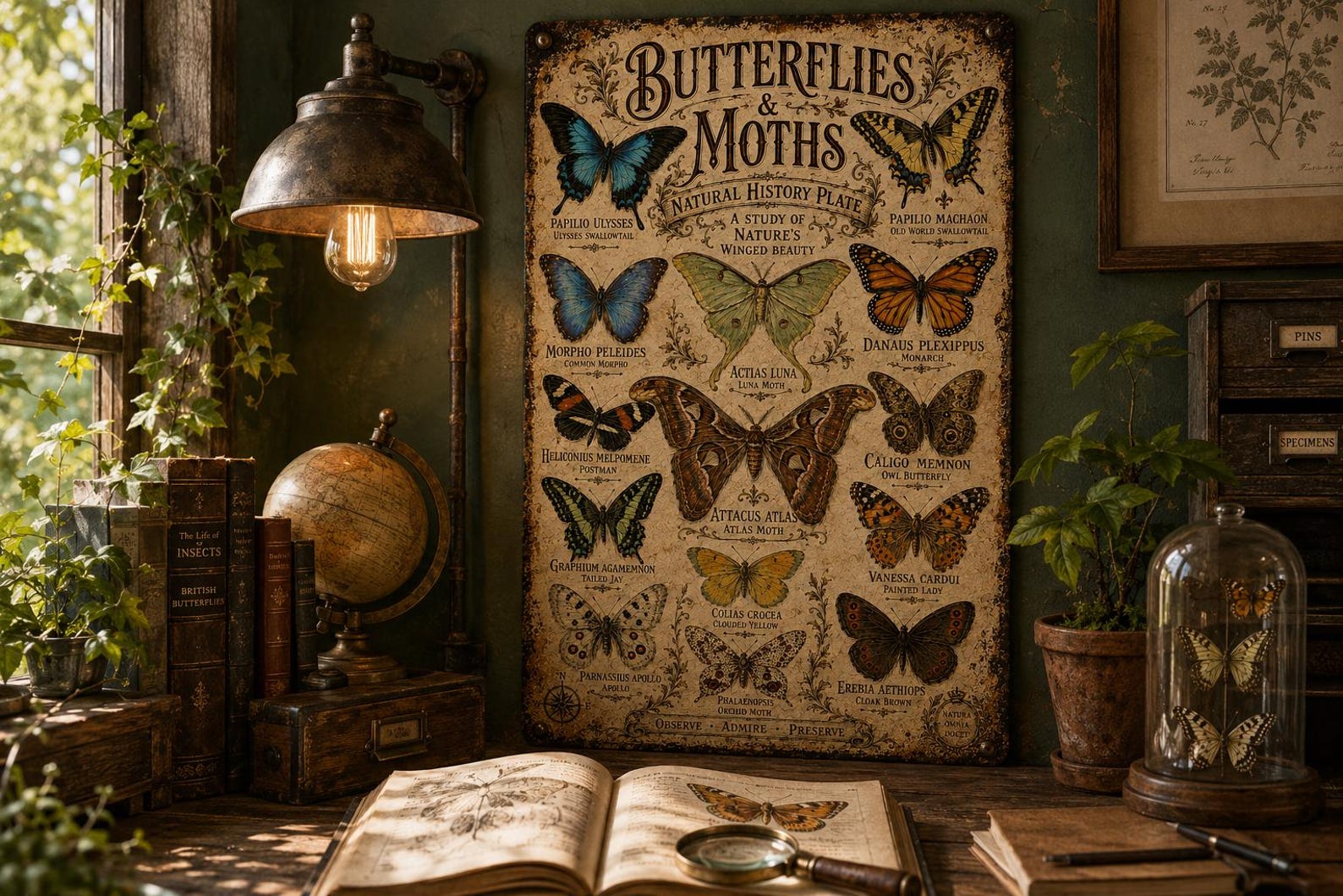 Vintage Butterflies Moths Metal Sign, Natural History Wall Decor, Entomology Plaque, Cottagecore Farmhouse Art
